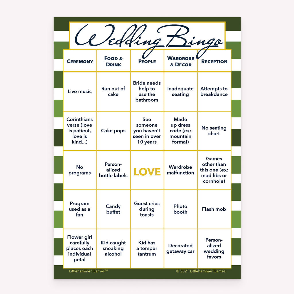 Green-striped printable Bride and Groom Wedding Bingo activity card