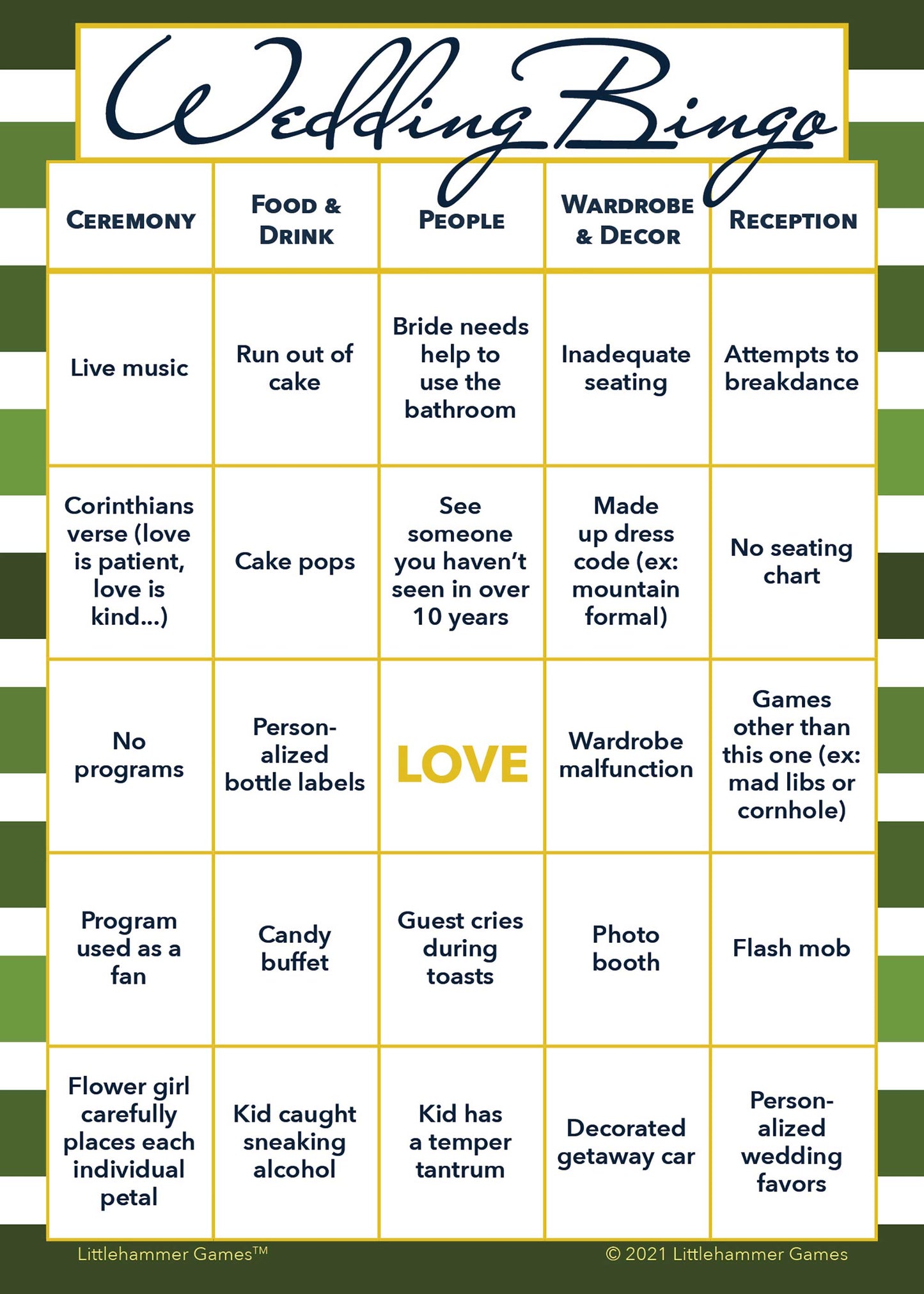 Green-striped printable Bride and Groom Wedding Bingo activity card