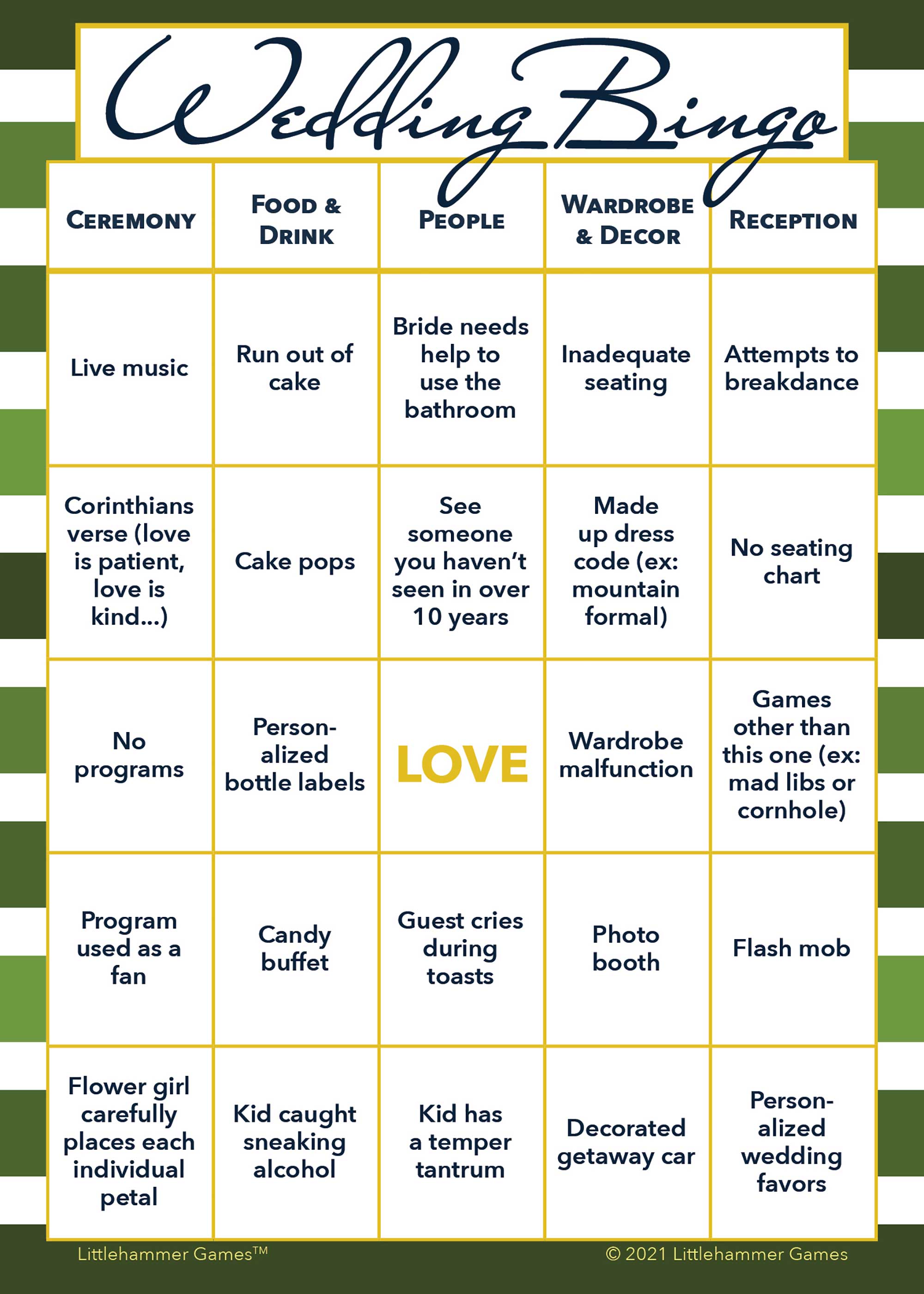 Green-striped printable Bride and Groom Wedding Bingo activity card