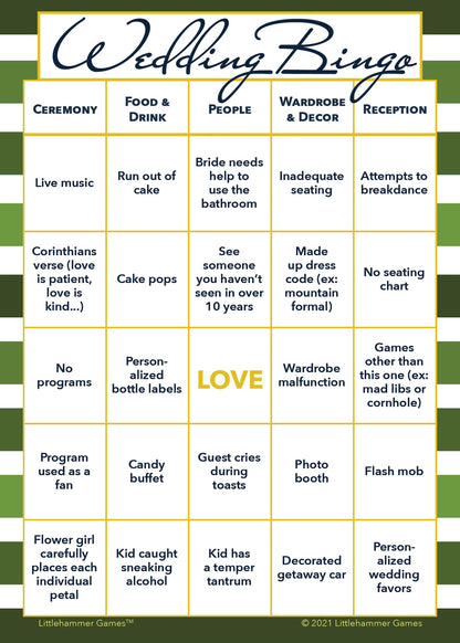 Green-striped printable Bride and Groom Wedding Bingo activity card
