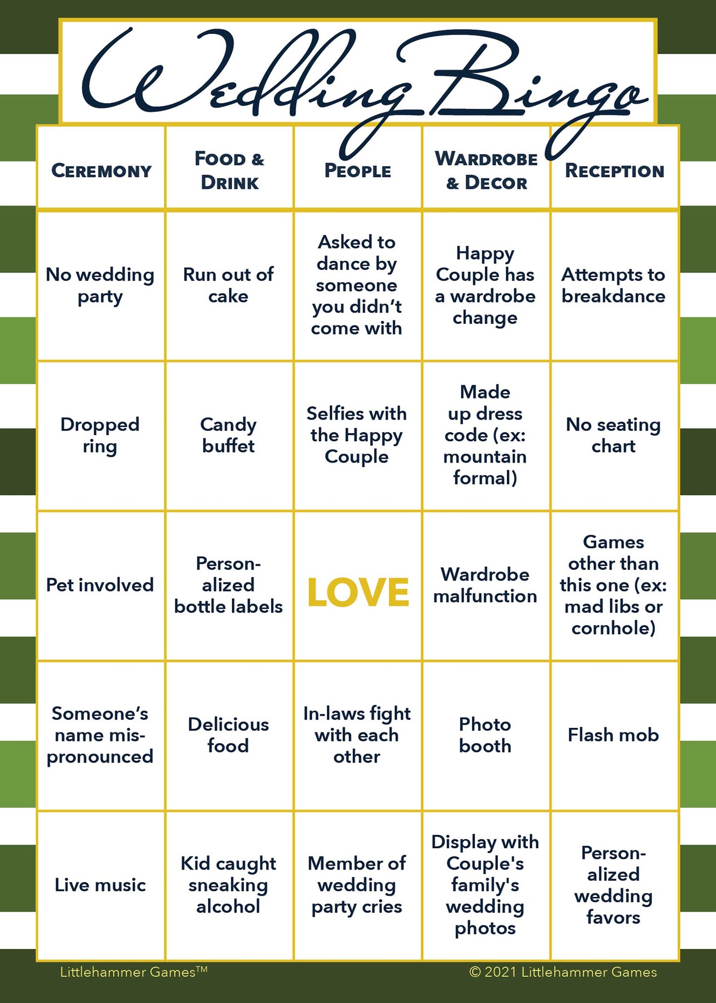 Gender Neutral Wedding Bingo printable game card featuring green-striped style