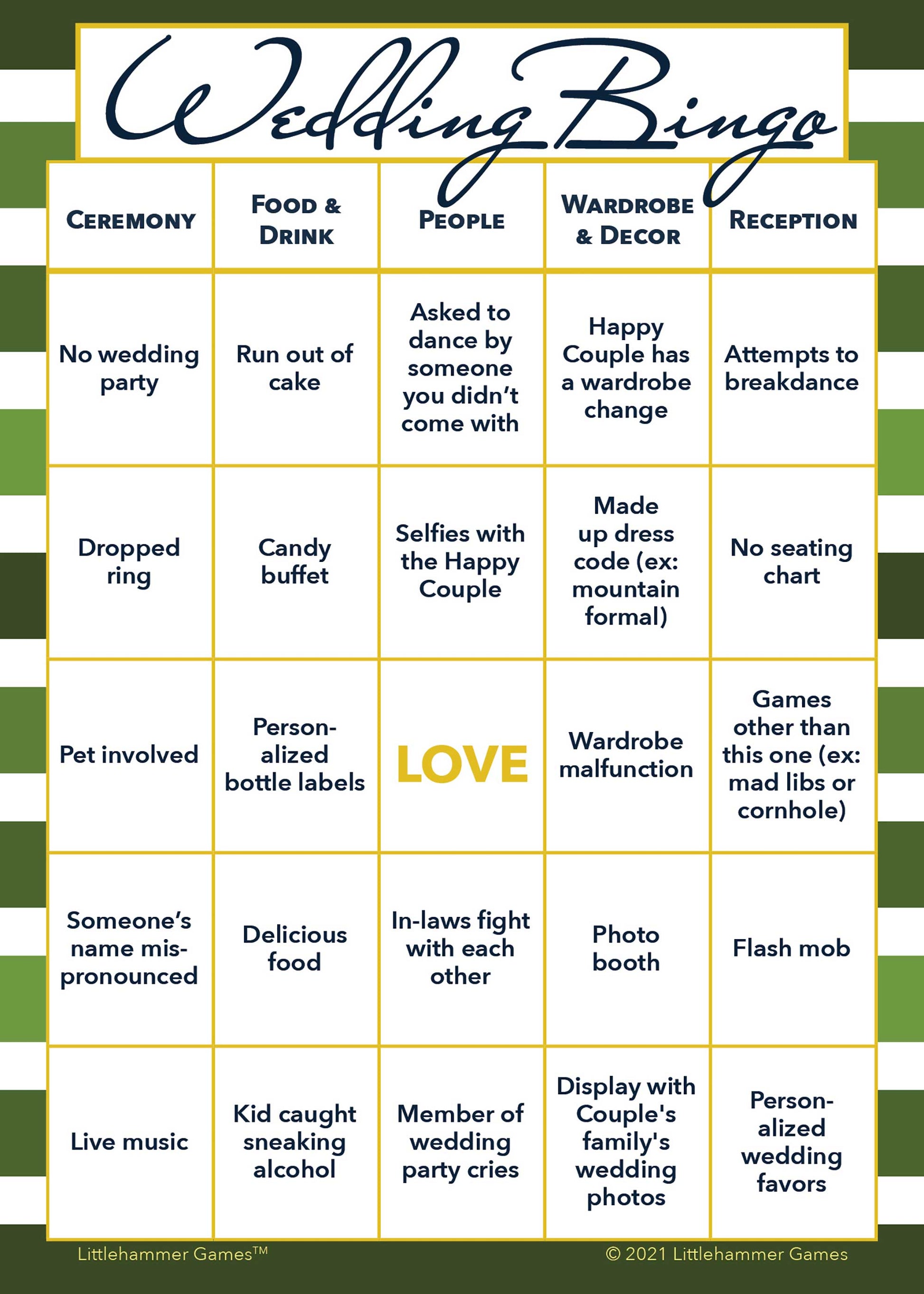 Gender Neutral Wedding Bingo printable game card featuring green-striped style
