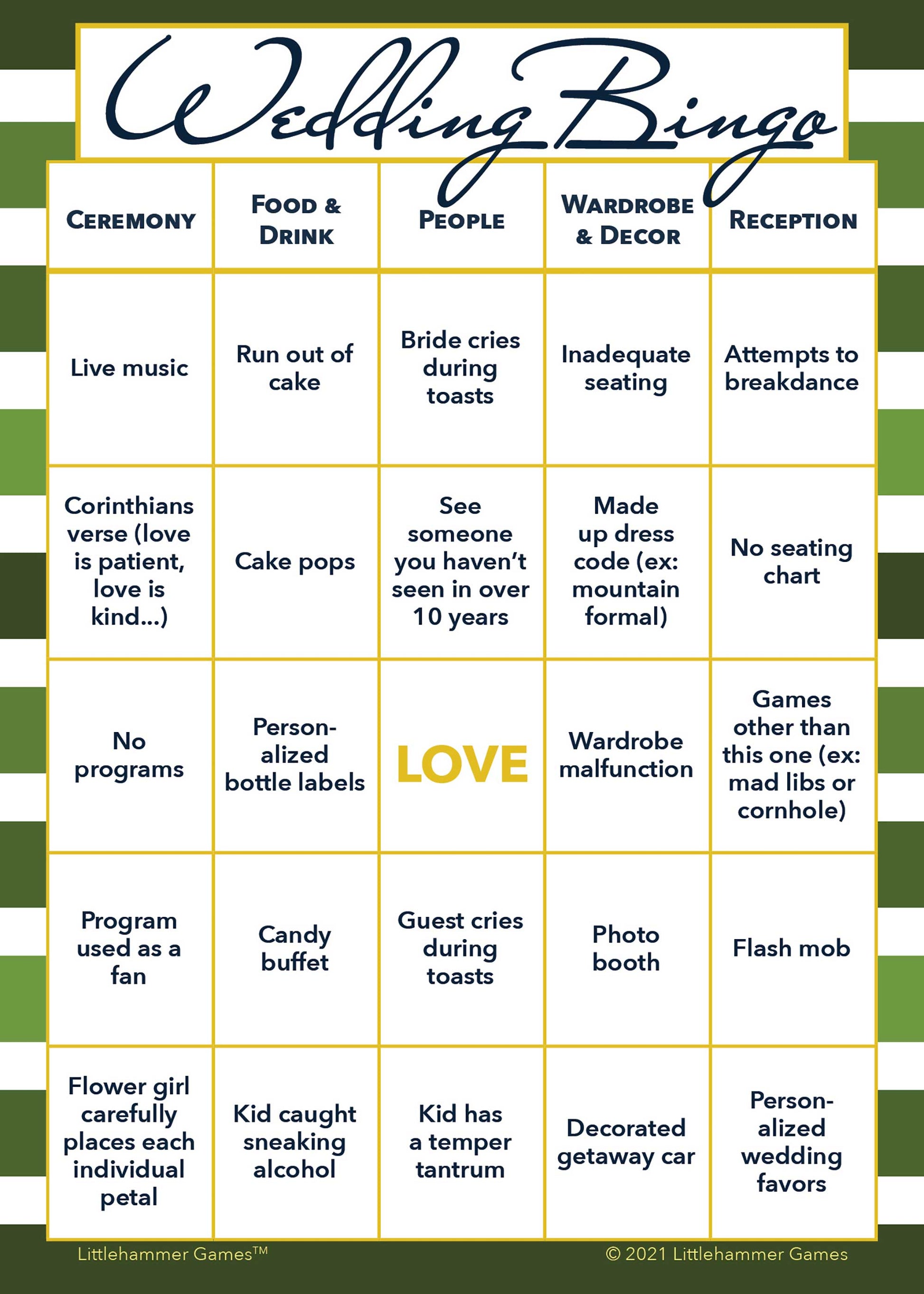 Green-striped printable 2 Brides Wedding Bingo game card