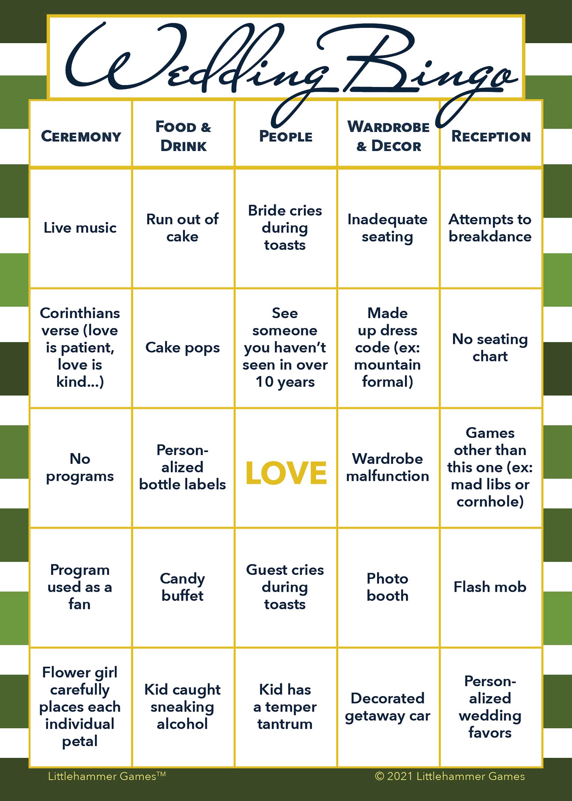 Green-striped printable 2 Brides Wedding Bingo game card