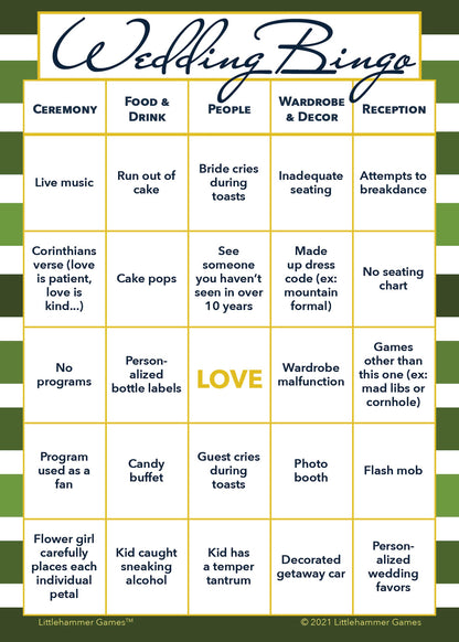 Green-striped printable 2 Brides Wedding Bingo game card