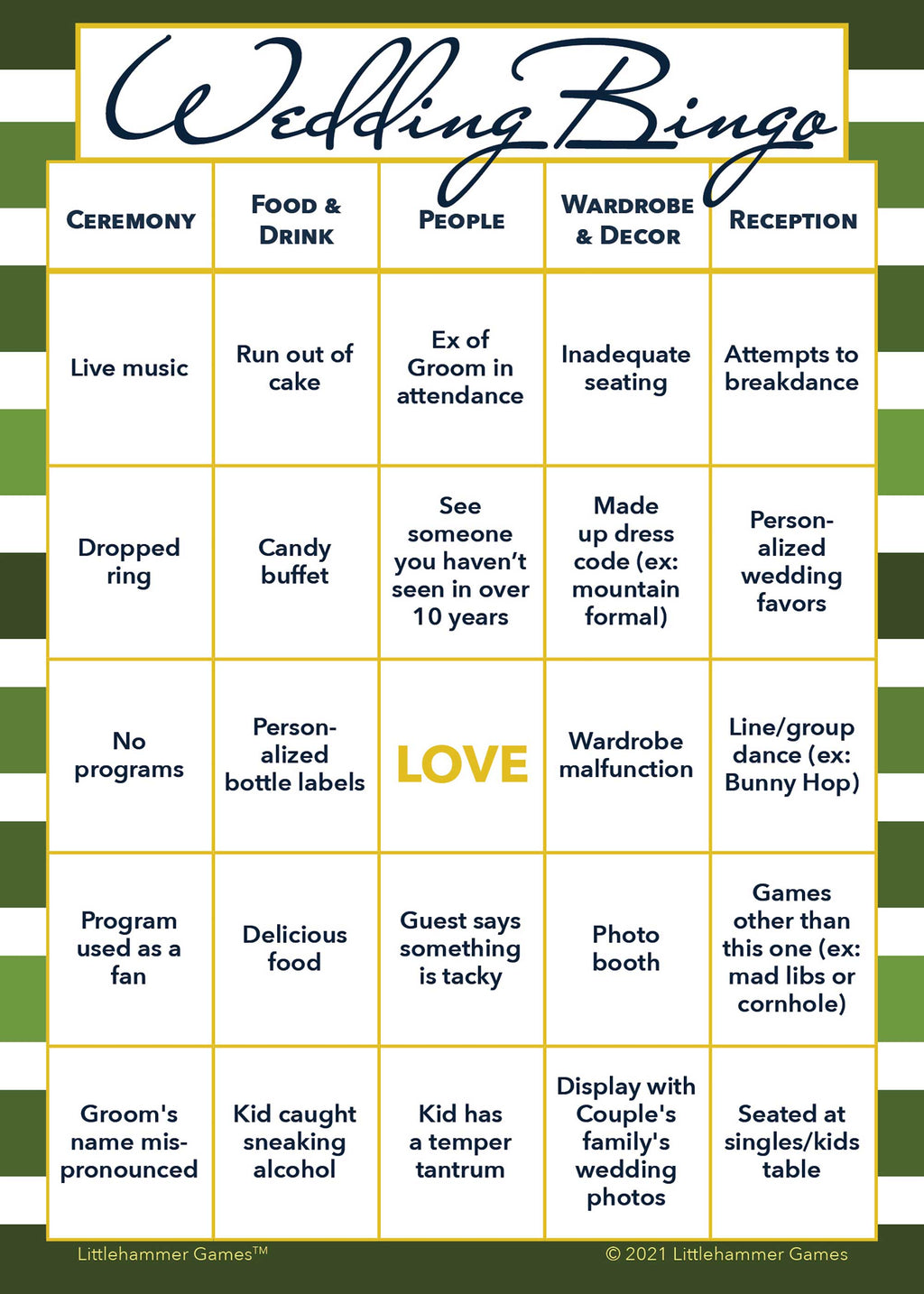Printable 2 Grooms Wedding Bingo game card in green-striped design