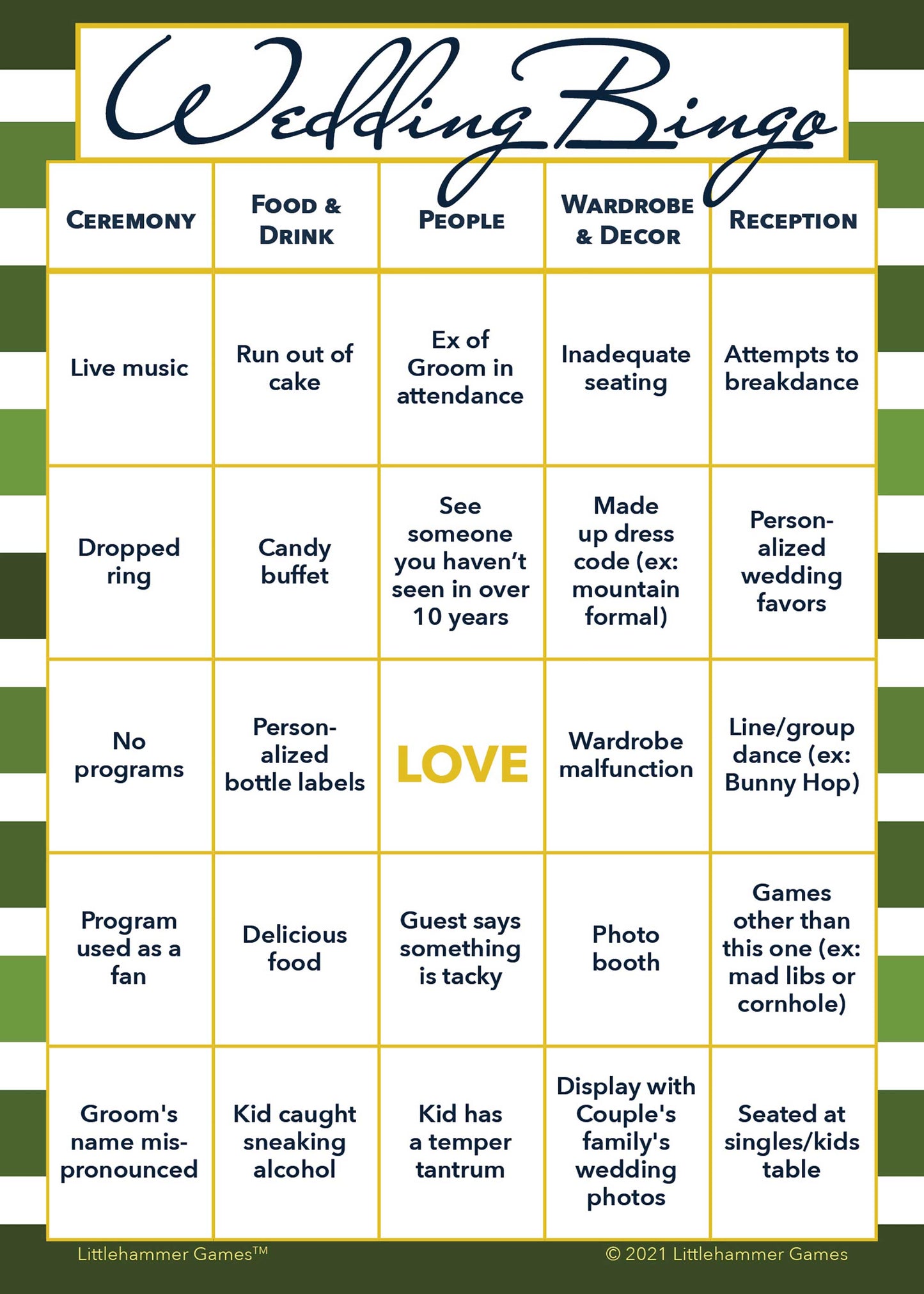 Printable 2 Grooms Wedding Bingo game card in green-striped design