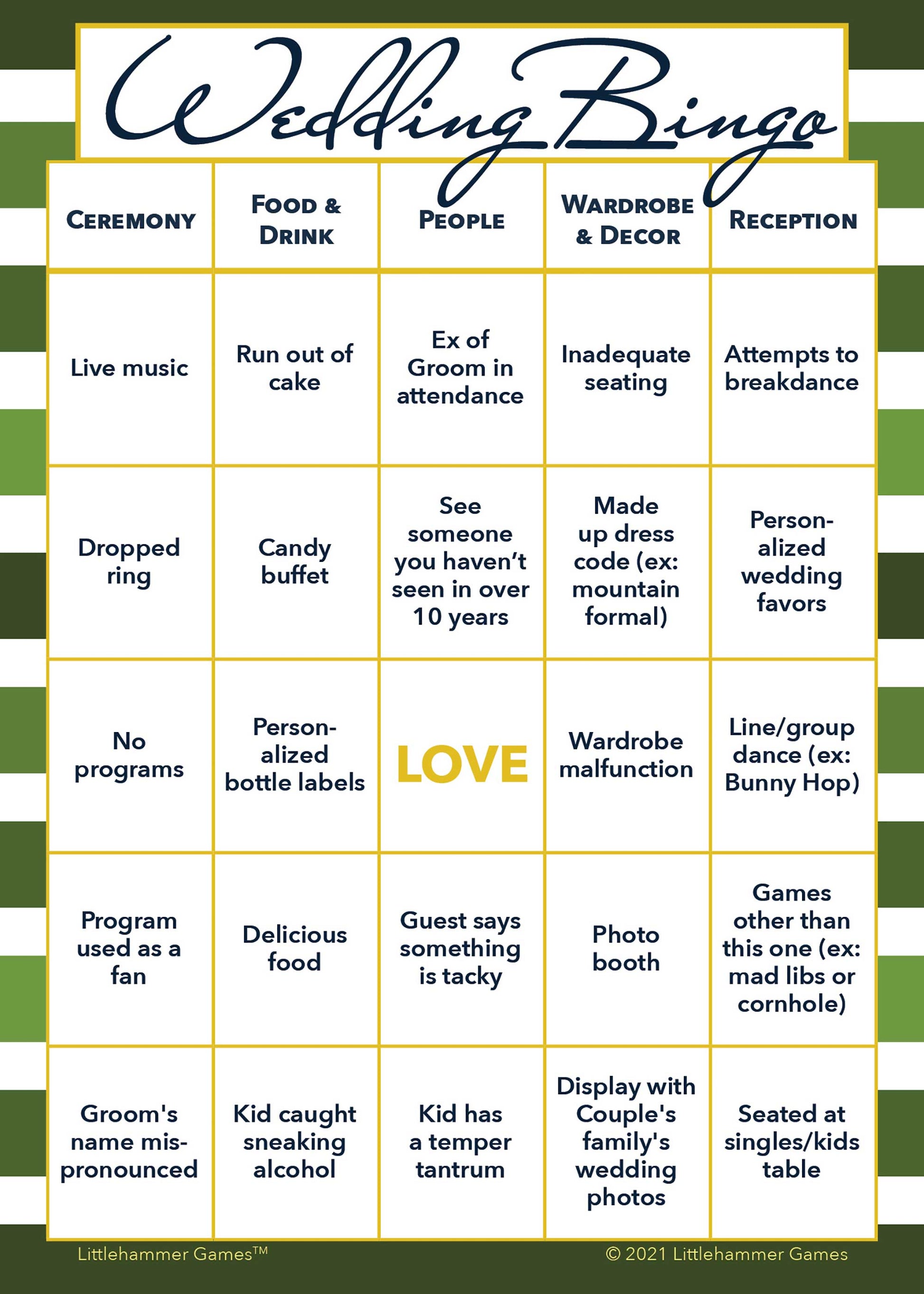 Printable 2 Grooms Wedding Bingo game card in green-striped design