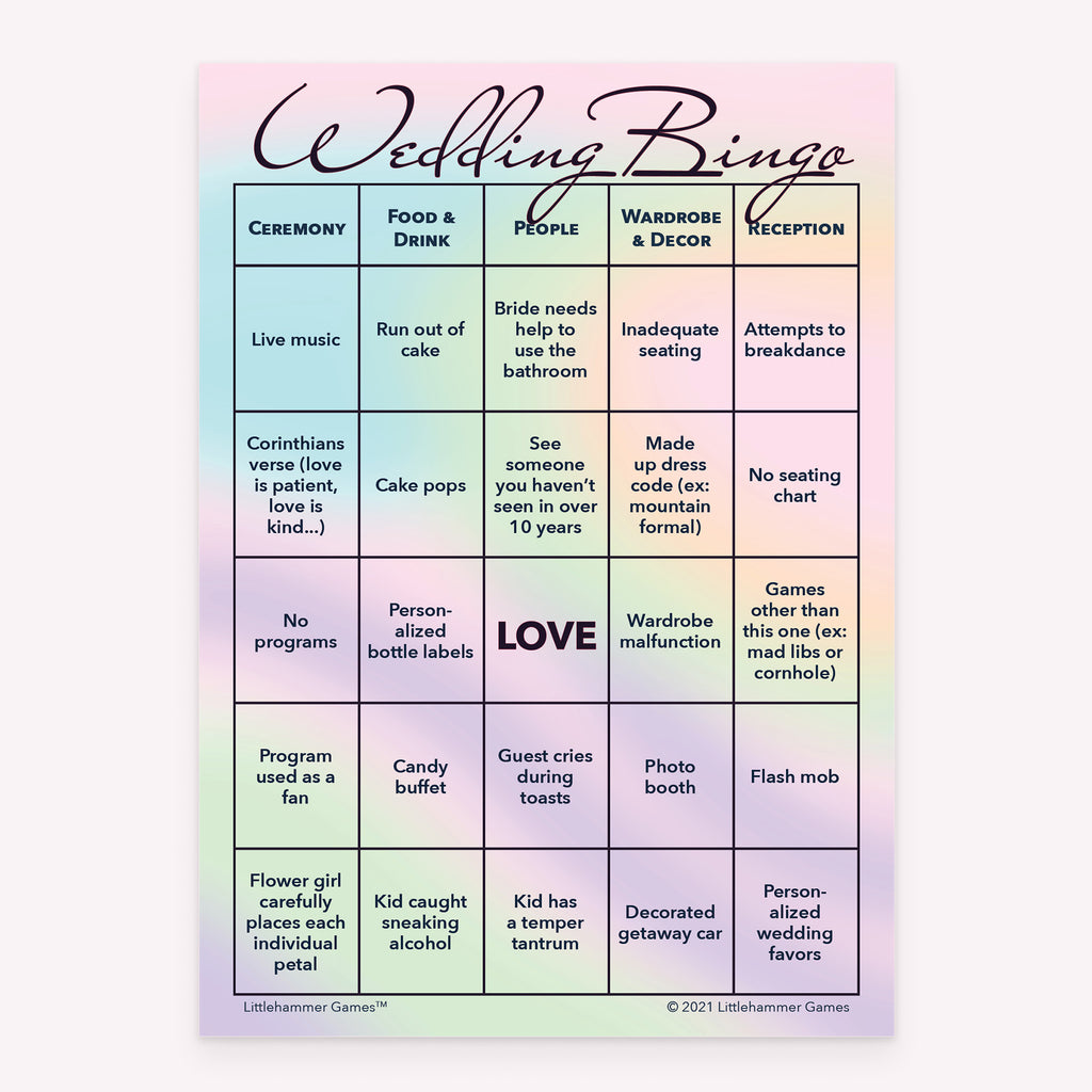 Iridescent hologram-themed Bride and Groom Wedding Bingo printable card