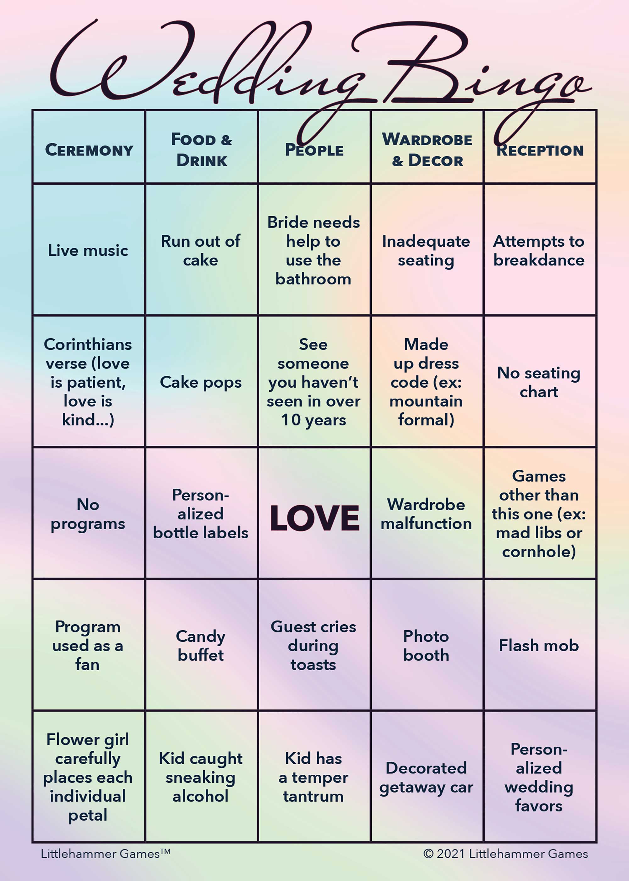 Iridescent hologram-themed Bride and Groom Wedding Bingo printable card