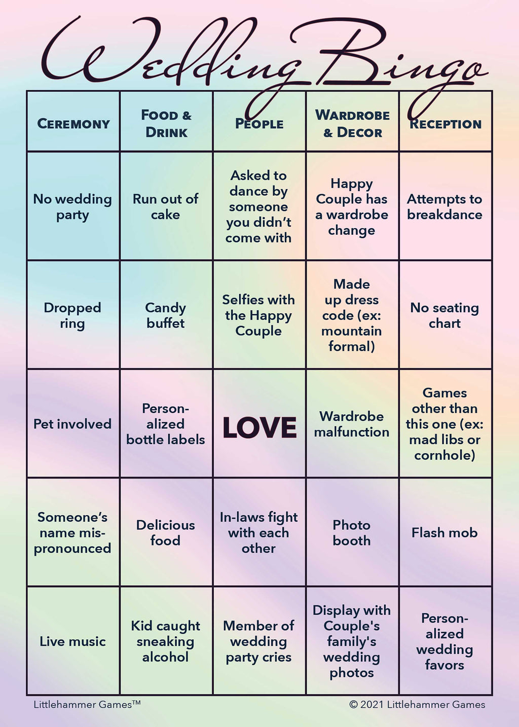 Gender Neutral Wedding Bingo game card printable in holographic design