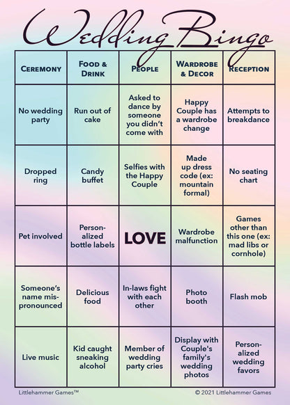 Gender Neutral Wedding Bingo game card printable in holographic design