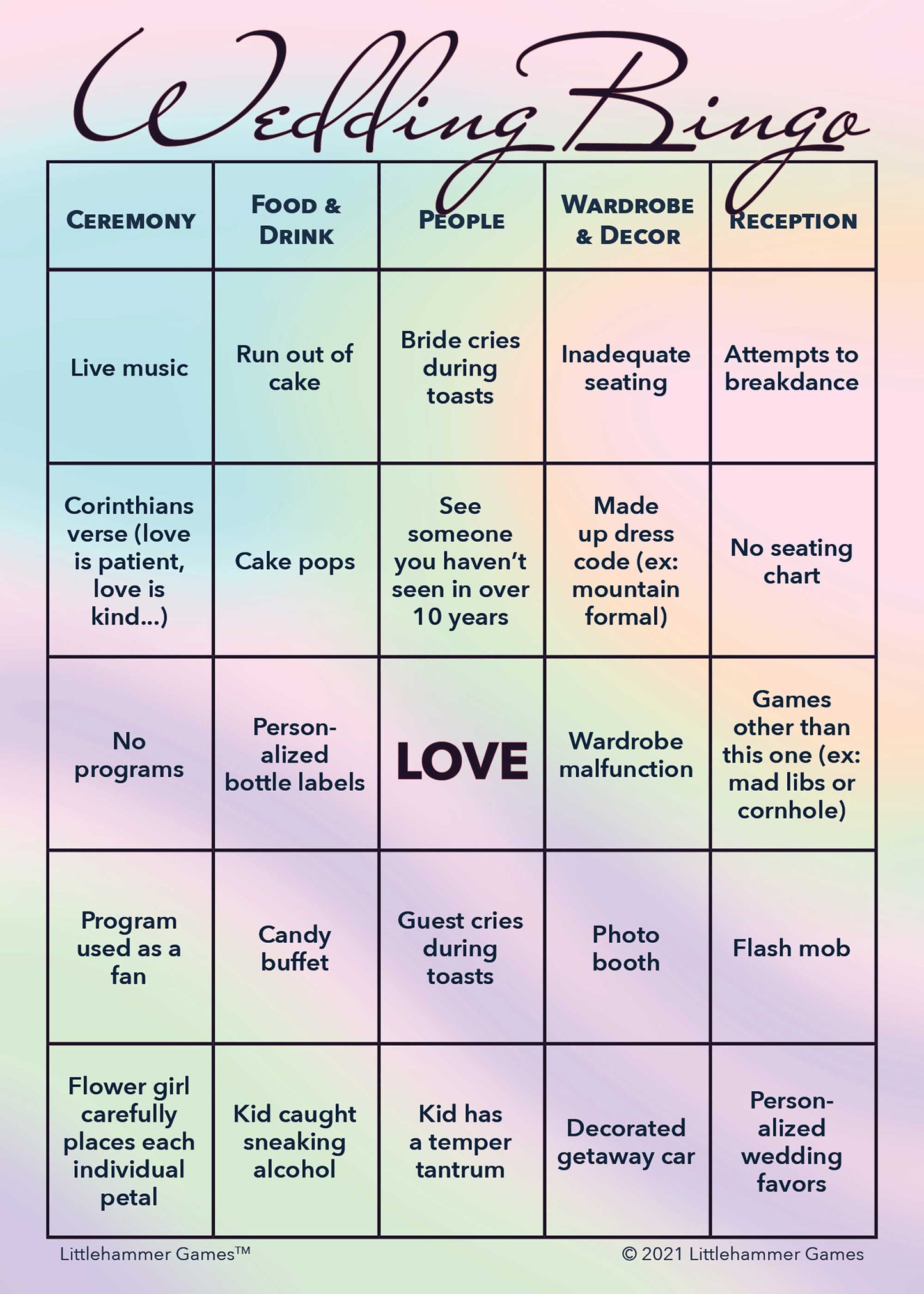 2 Brides Wedding Bingo printable wedding game card with a hologram background