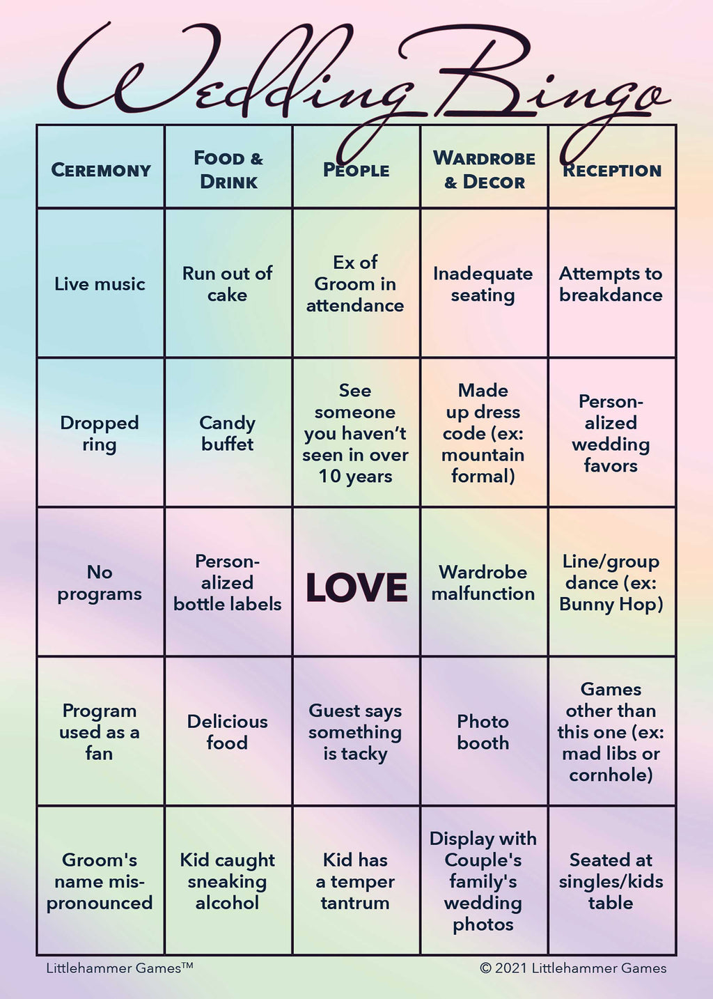 Holgram style printable 2 Grooms Wedding Bingo card