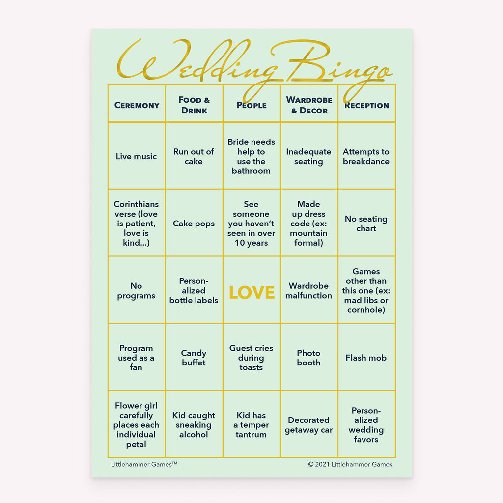 Bride and Groom Wedding Bingo printable wedding activity in mint and gold style