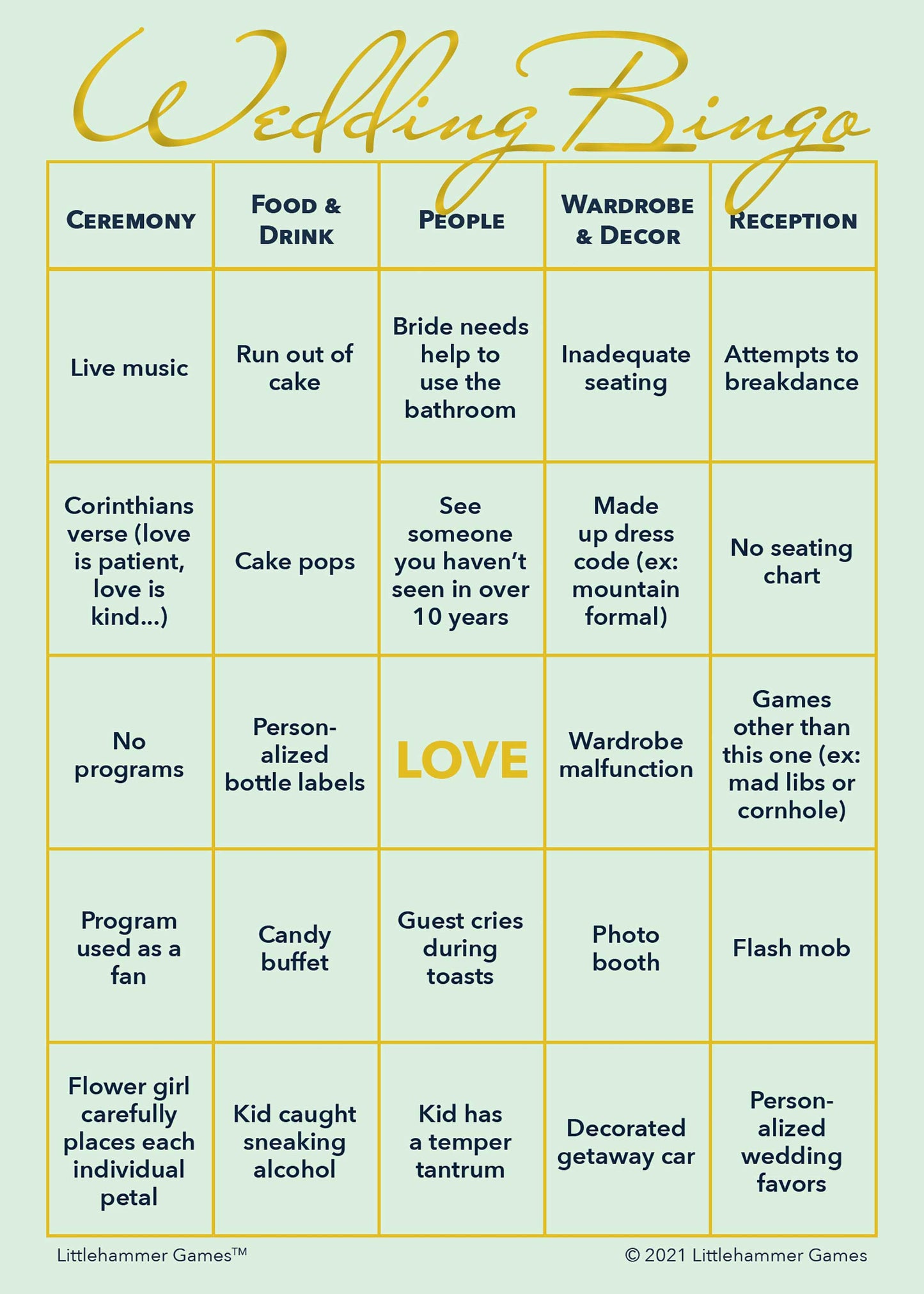 Bride and Groom Wedding Bingo printable wedding activity in mint and gold style