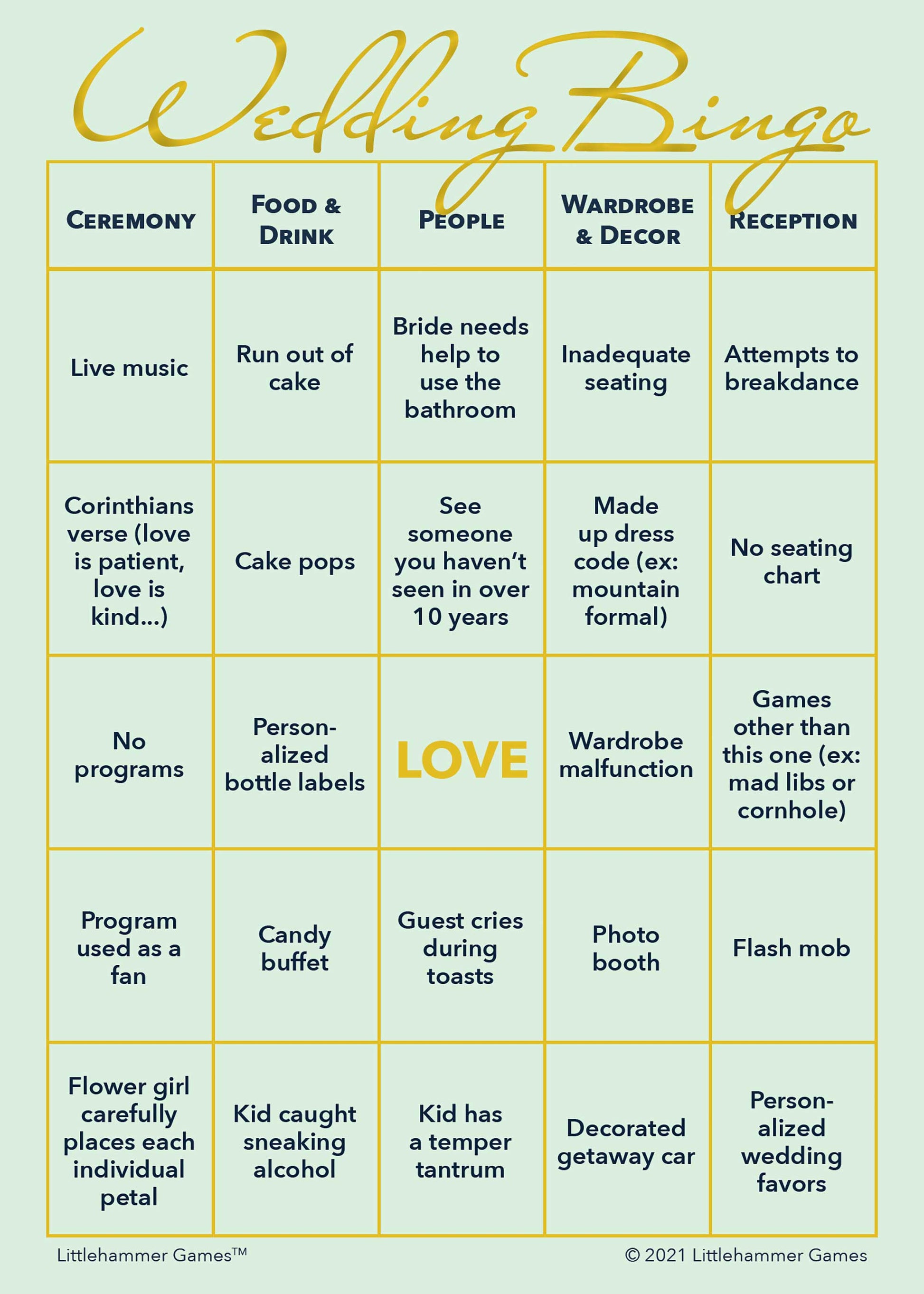 Bride and Groom Wedding Bingo printable wedding activity in mint and gold style