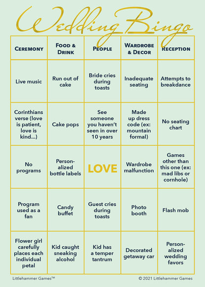 Mint and gold 2 Brides Wedding Bingo printable game card layout