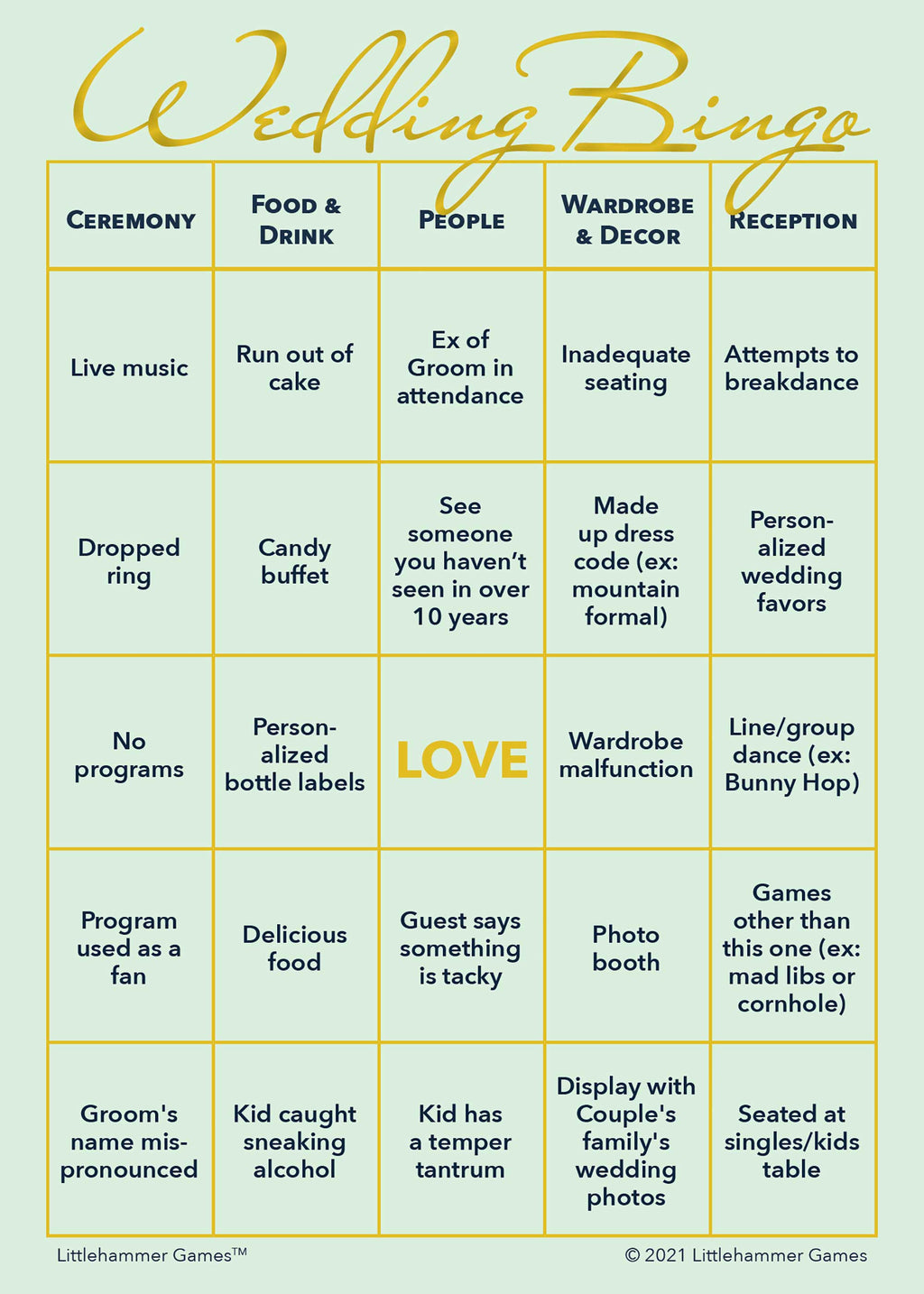 Printable 2 Grooms Wedding Bingo game card with mint and gold design