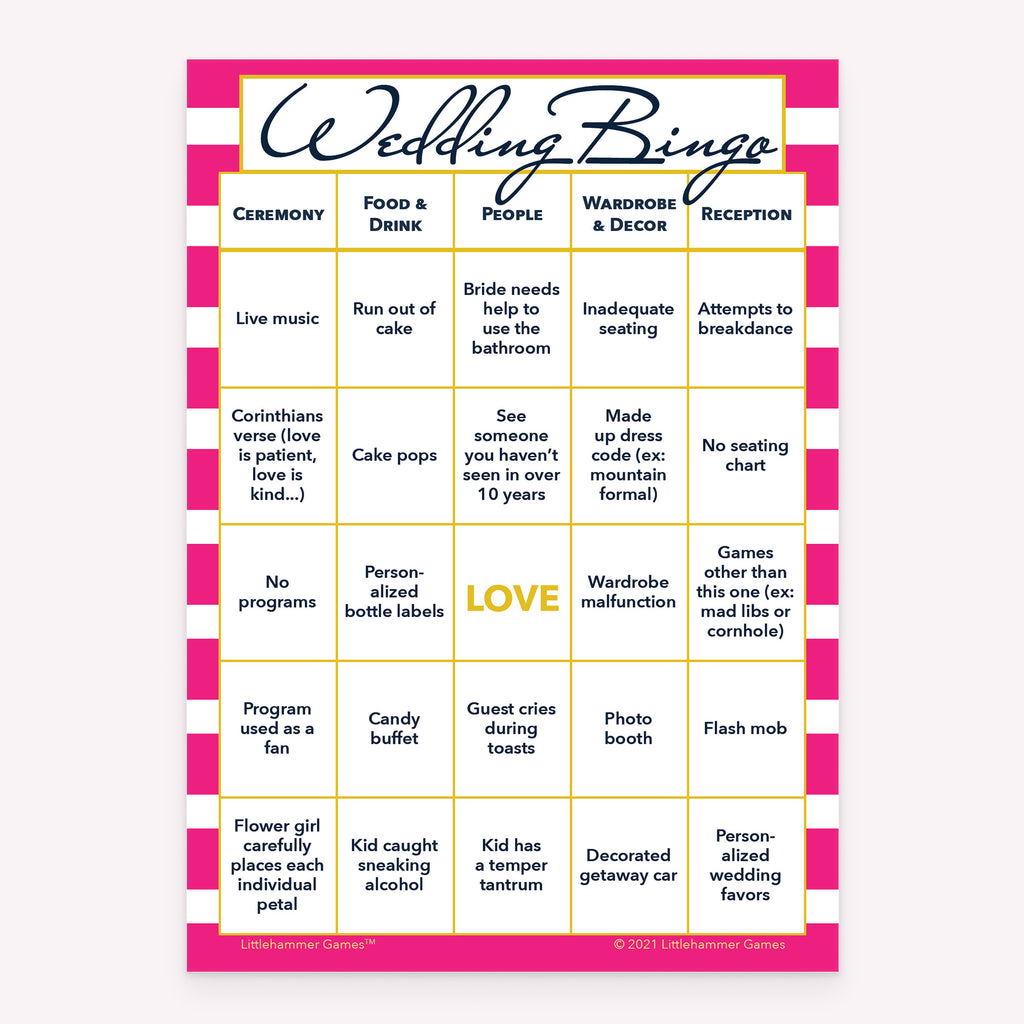 Printable Bride and Groom Wedding Bingo game card in pink stripes design