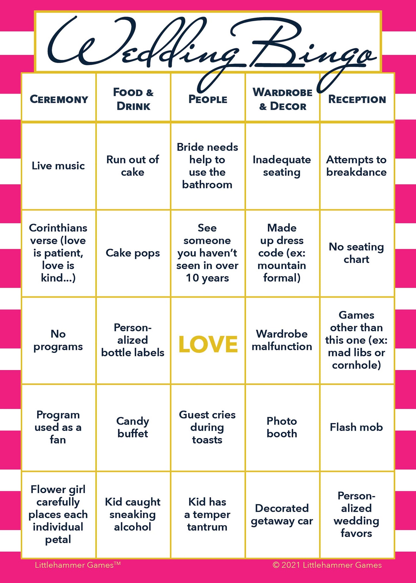 Printable Bride and Groom Wedding Bingo game card in pink stripes design