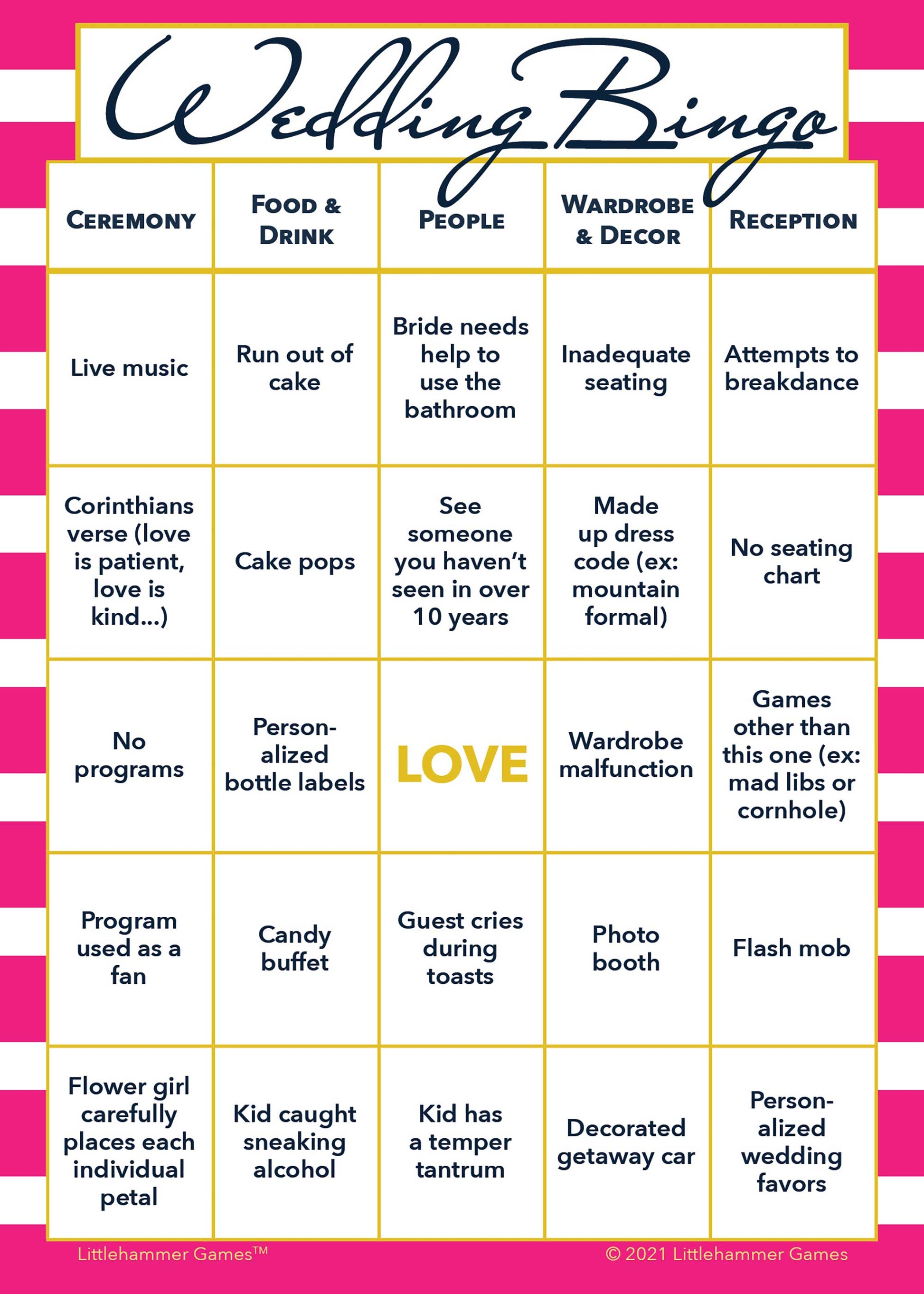 Printable Bride and Groom Wedding Bingo game card in pink stripes design