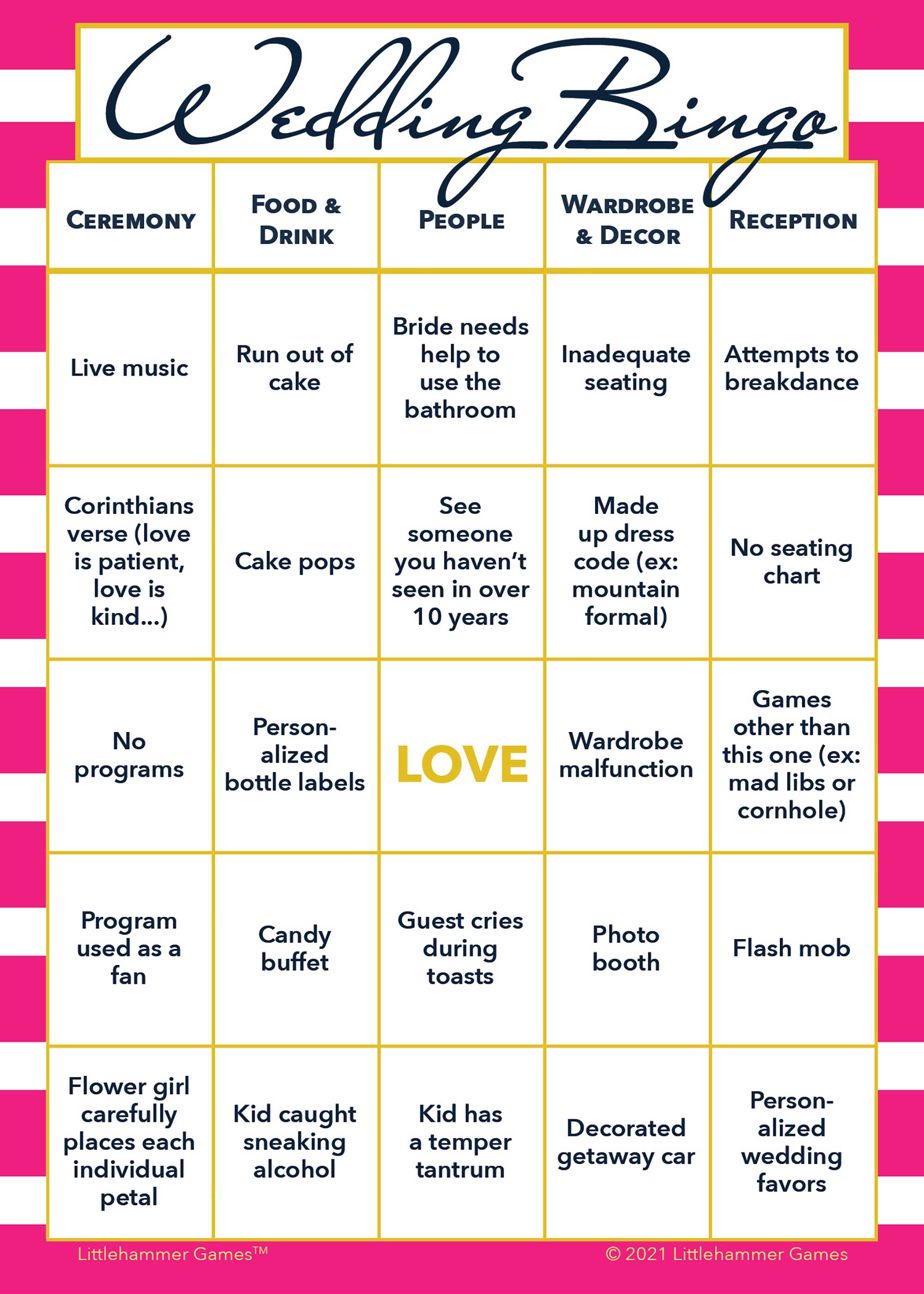Printable Bride and Groom Wedding Bingo game card in pink stripes design