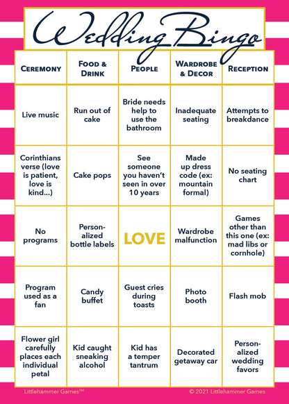 Printable Bride and Groom Wedding Bingo game card in pink stripes design