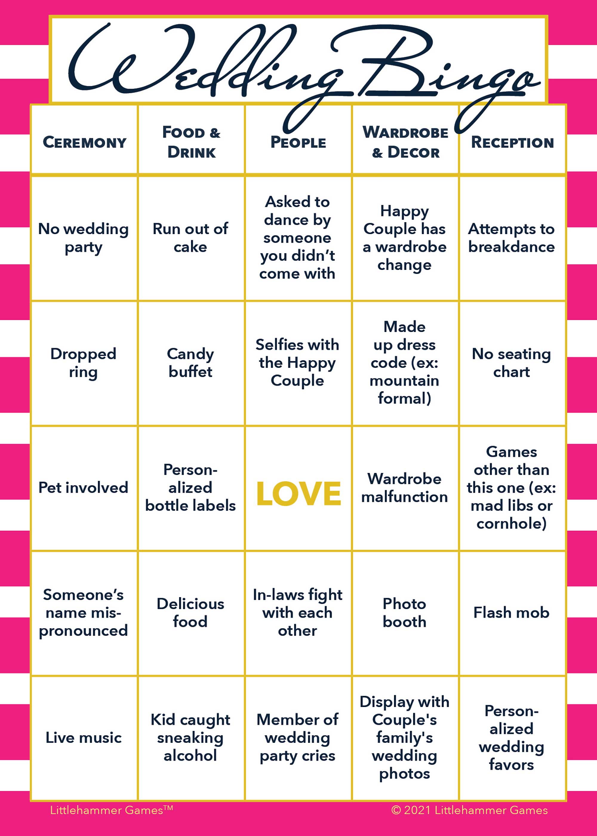Gender Neutral Wedding Bingo printable game card in pink-striped color scheme