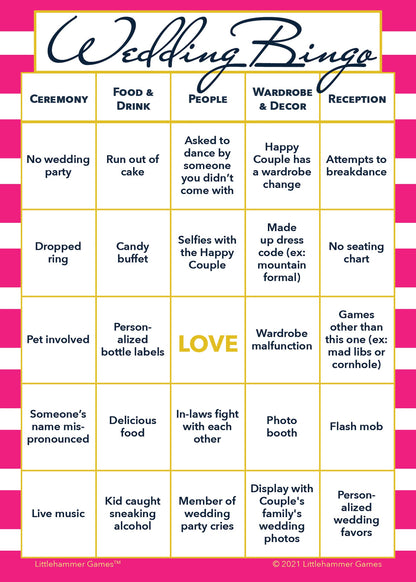Gender Neutral Wedding Bingo printable game card in pink-striped color scheme