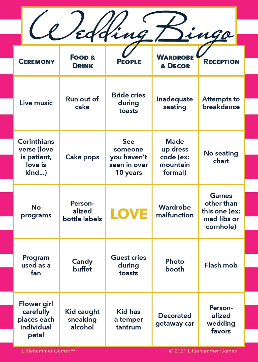 2 Brides Wedding Bingo printable game card featuring pink-striped style