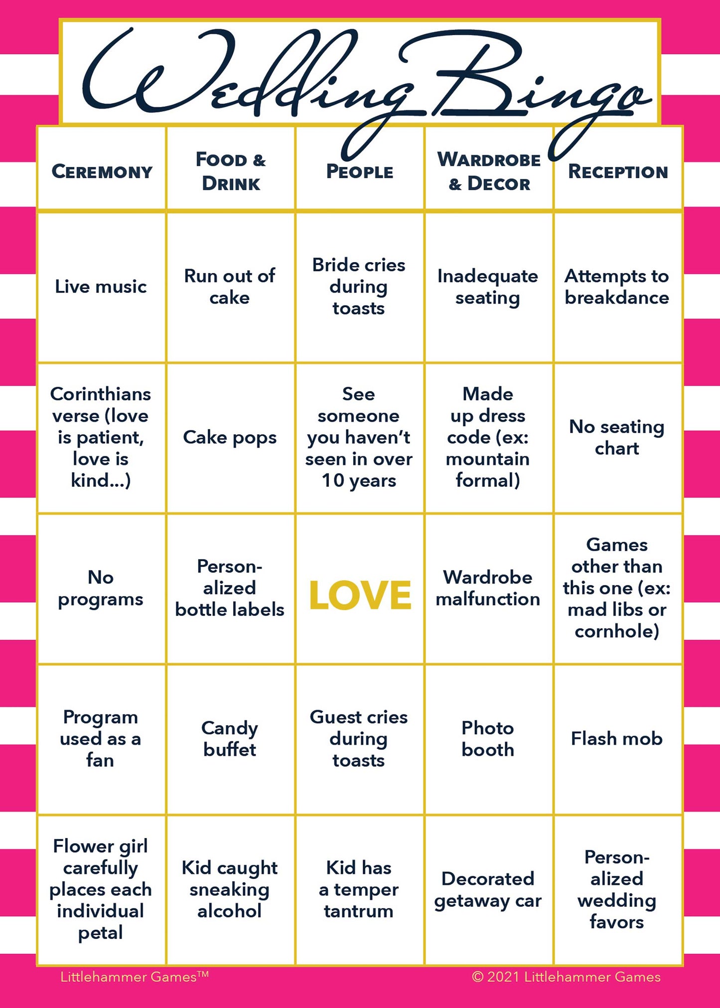 2 Brides Wedding Bingo printable game card featuring pink-striped style