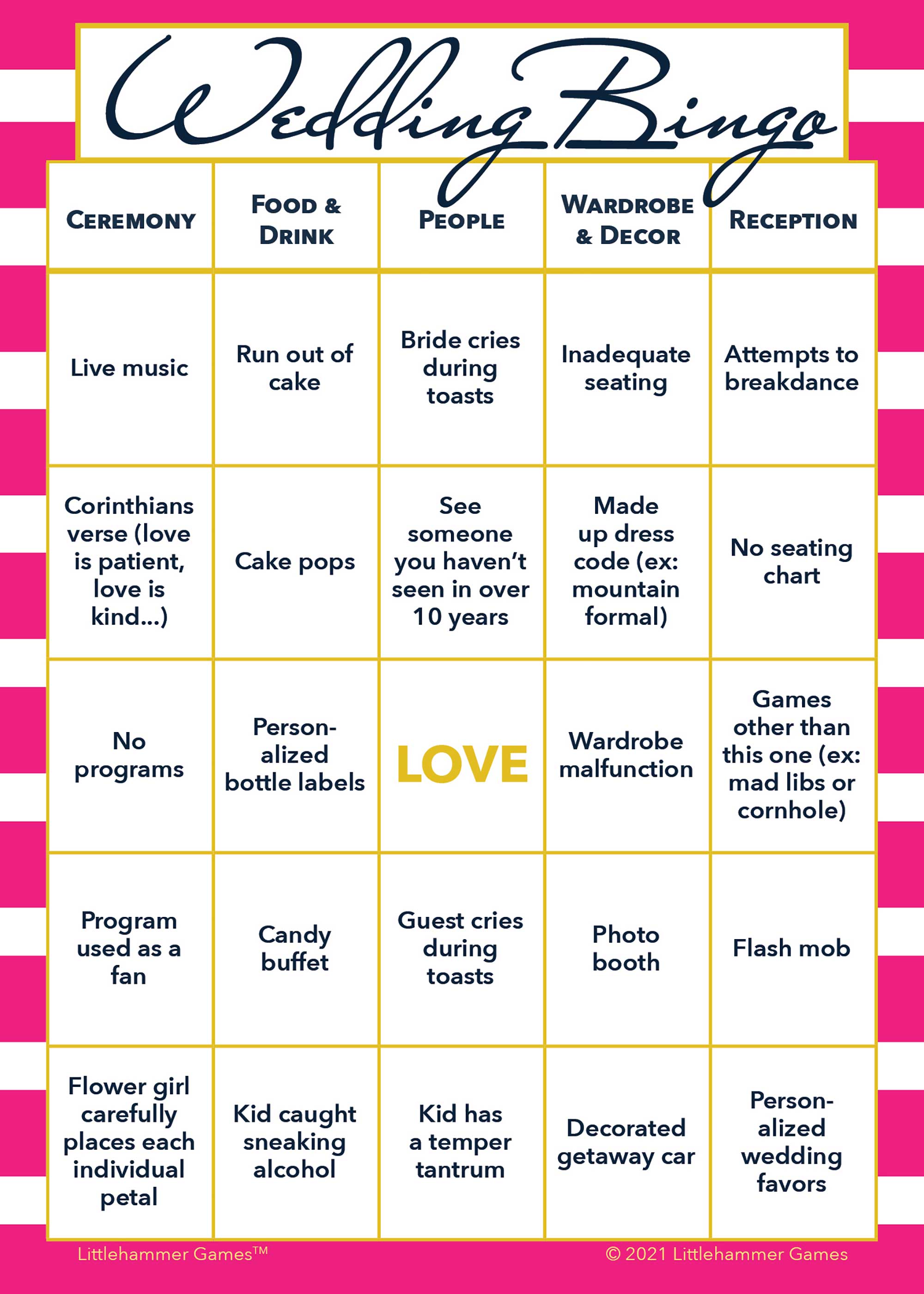 2 Brides Wedding Bingo printable game card featuring pink-striped style