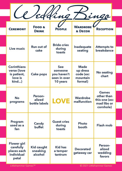 2 Brides Wedding Bingo printable game card featuring pink-striped style
