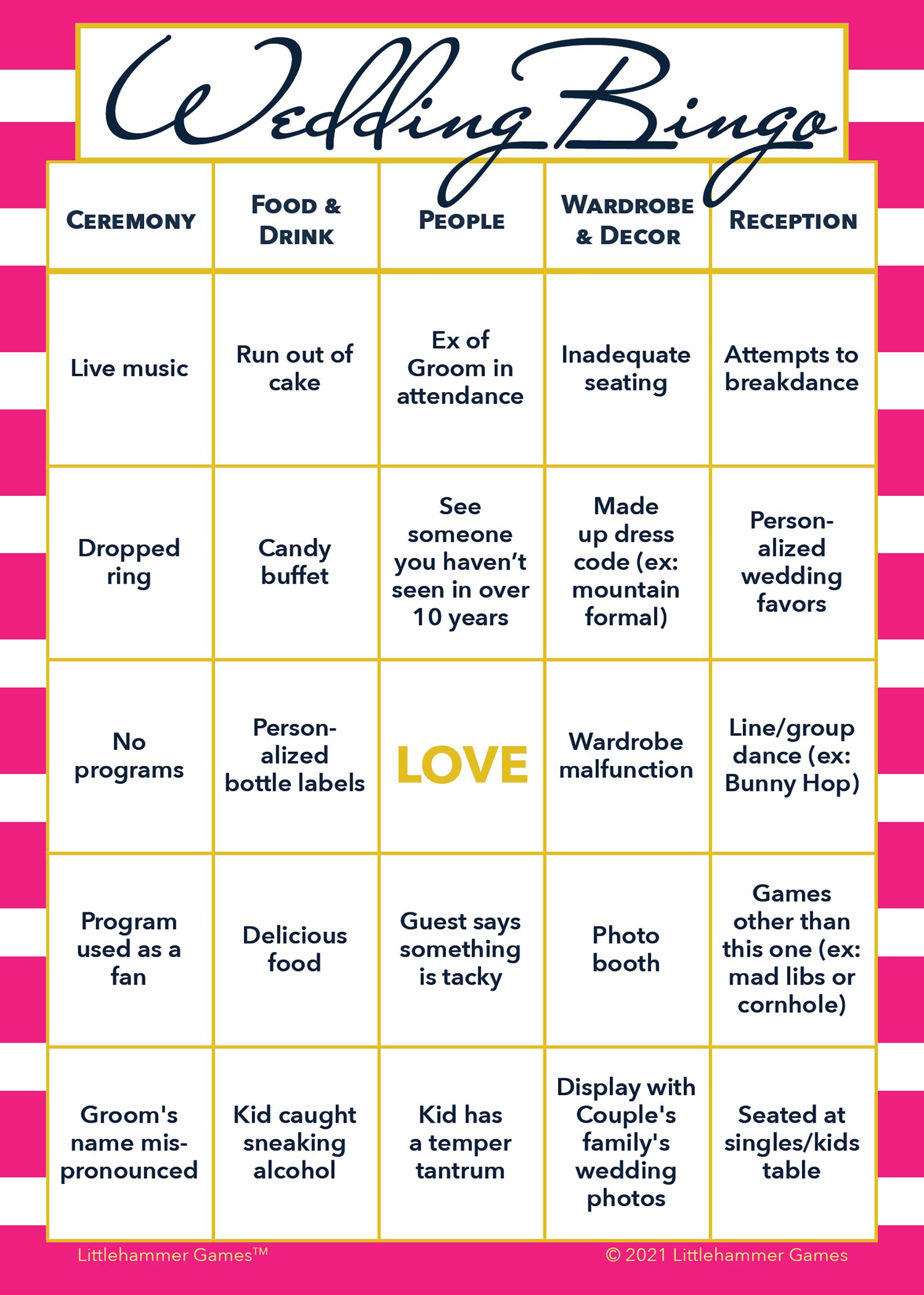 Pink stripe themed 2 Grooms Wedding Bingo printable wedding game card