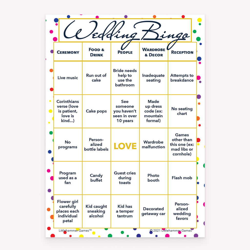 Wedding Bride and Groom Wedding Bingo printable game card in rainbow polka dot color scheme