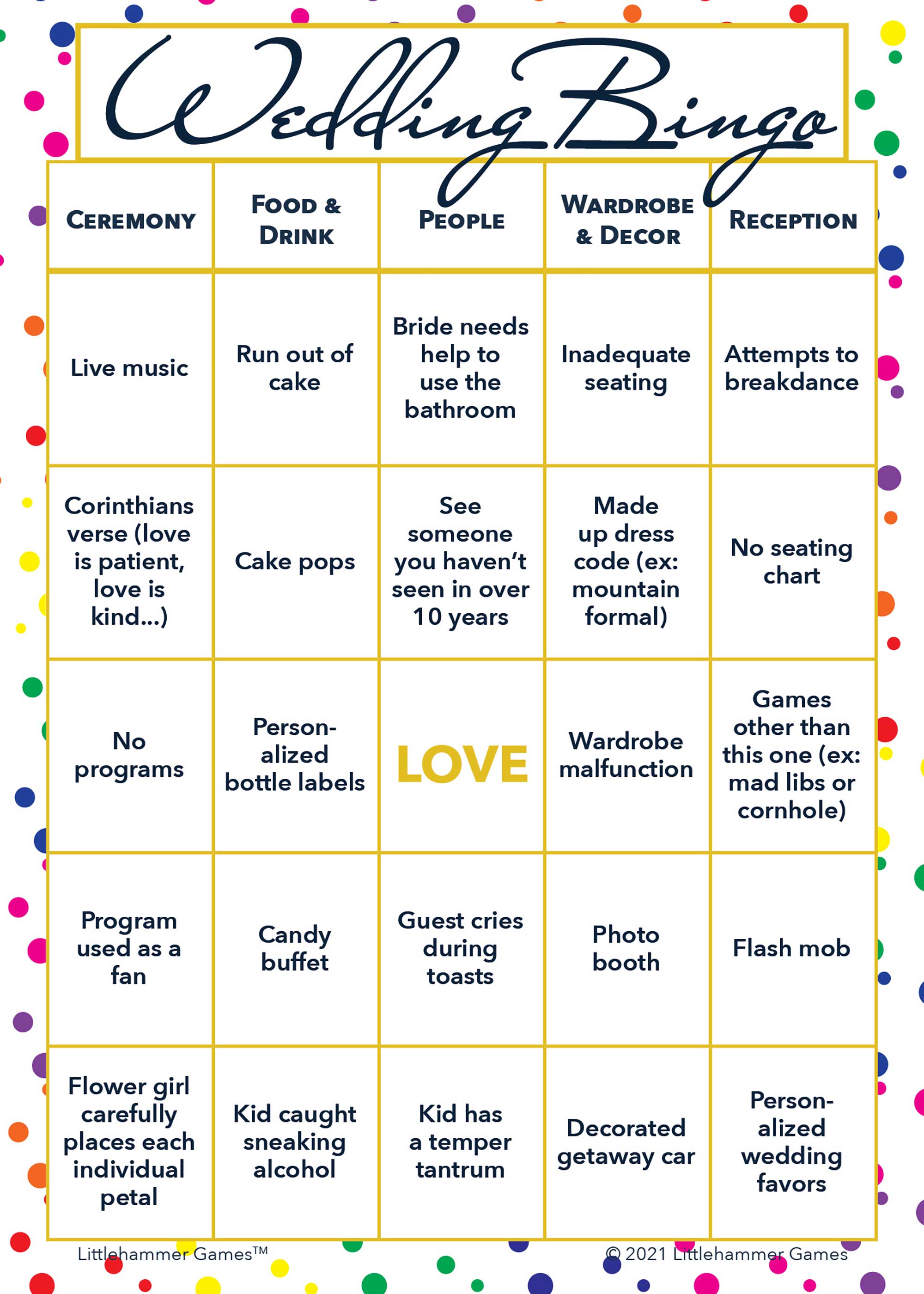 Wedding Bride and Groom Wedding Bingo printable game card in rainbow polka dot color scheme
