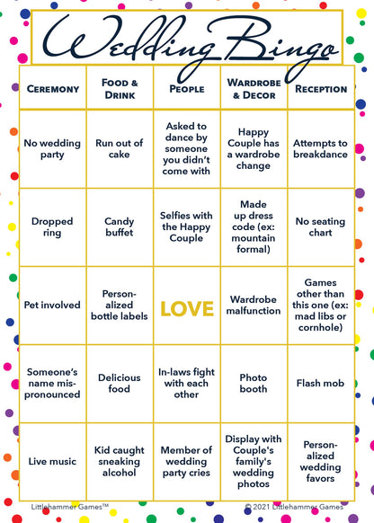 Rainbow polka dot style printable Gender Neutral Wedding Bingo card
