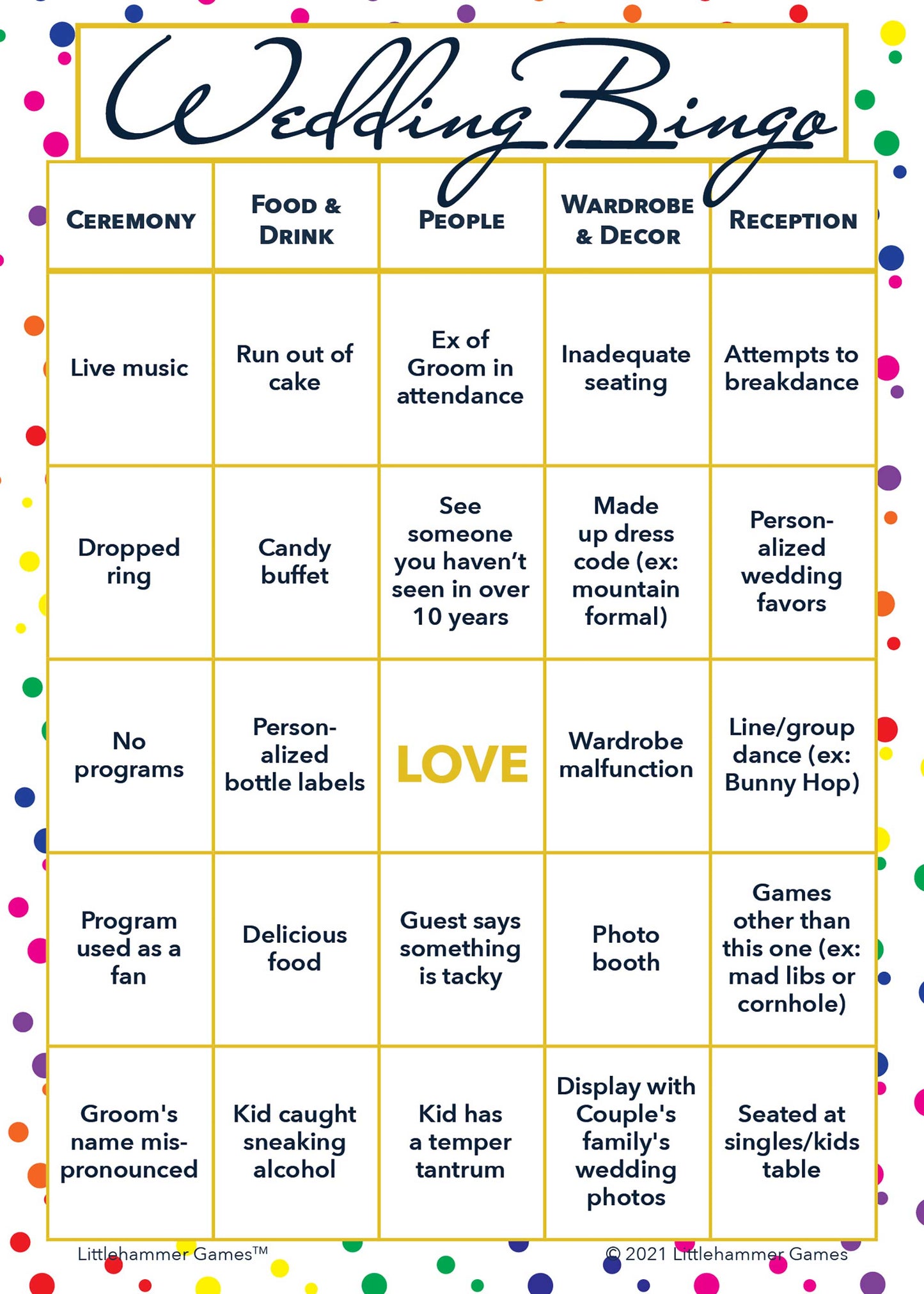 2 Grooms Wedding Bingo printable wedding game card with rainbow polka dot background