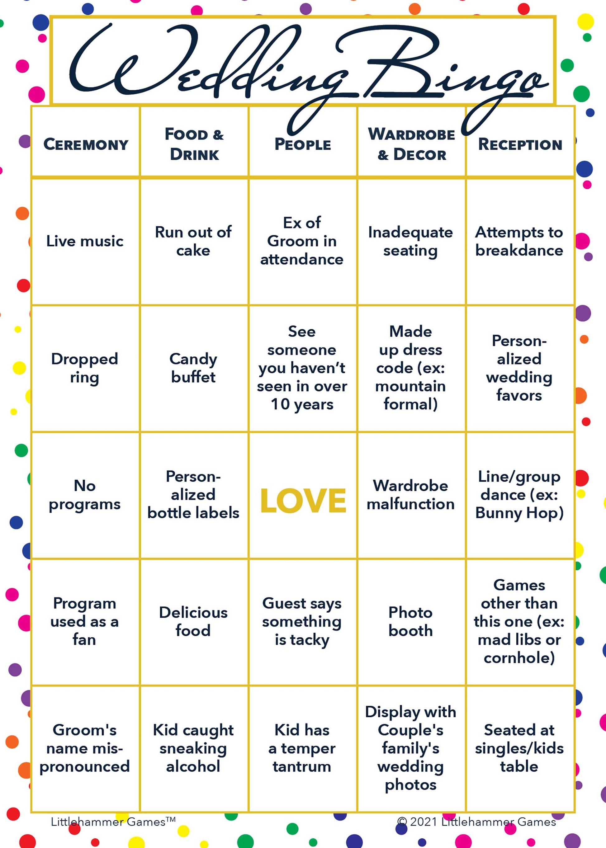 2 Grooms Wedding Bingo printable wedding game card with rainbow polka dot background