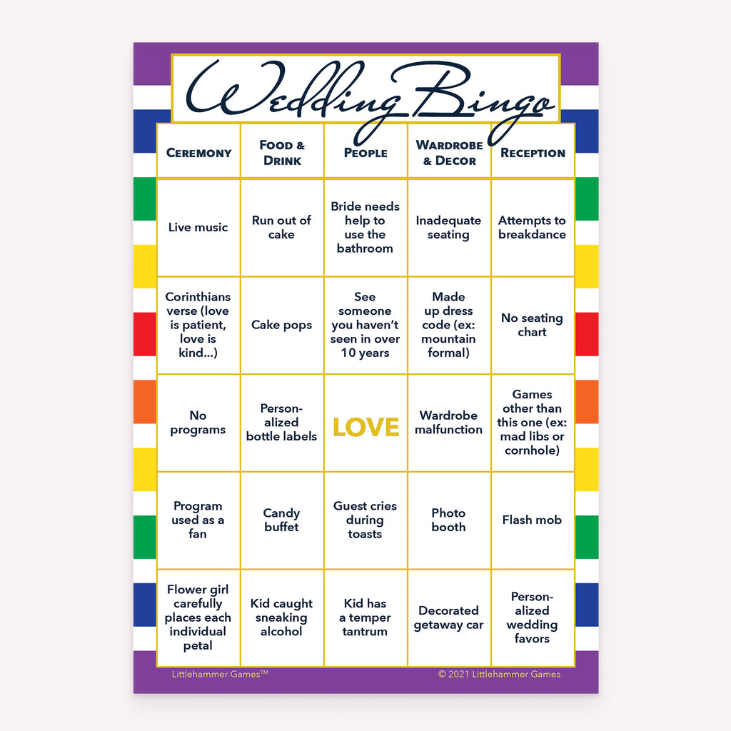 Bride and Groom Wedding Bingo printable game card featuring rainbow-striped style