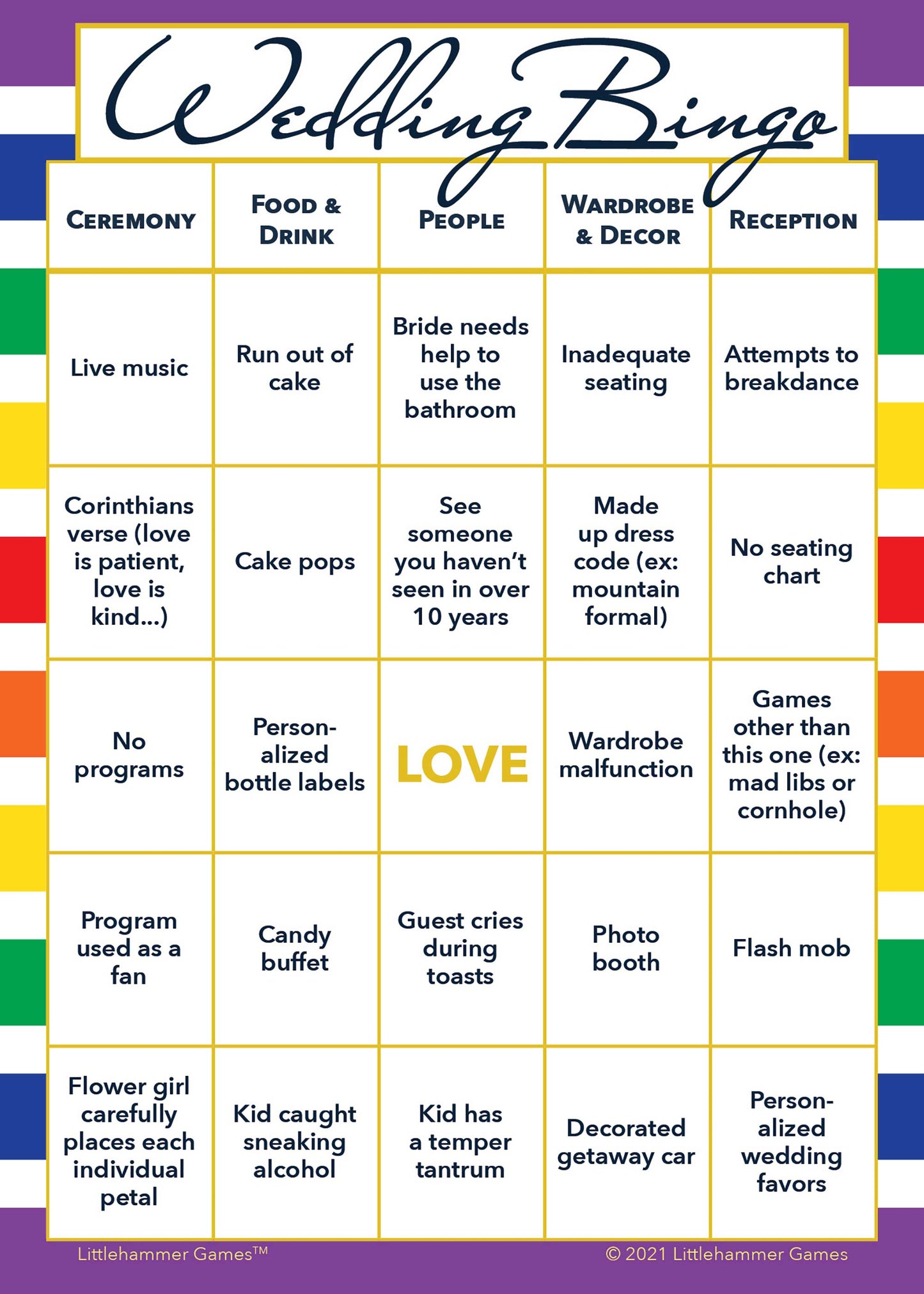 Bride and Groom Wedding Bingo printable game card featuring rainbow-striped style