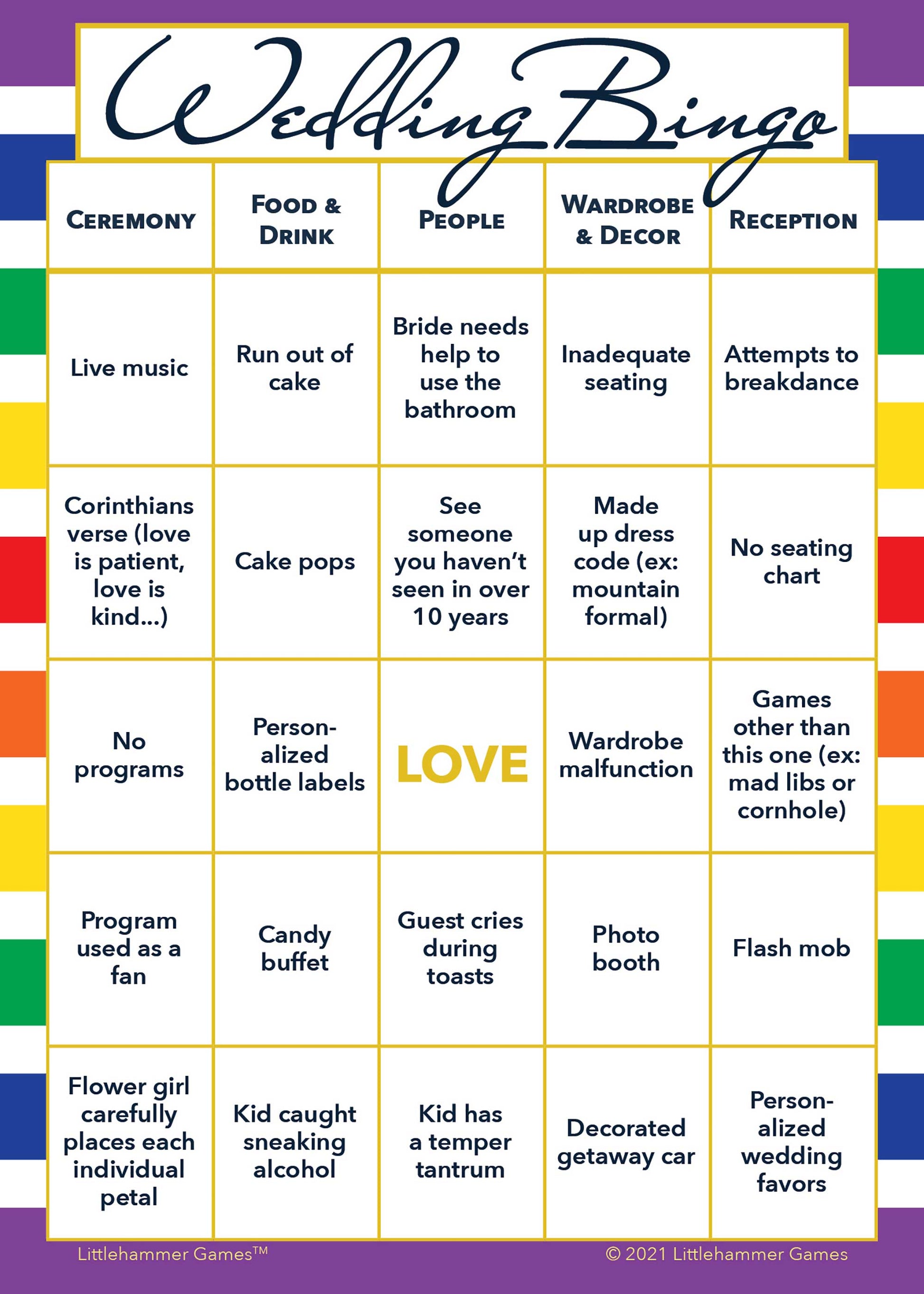 Bride and Groom Wedding Bingo printable game card featuring rainbow-striped style