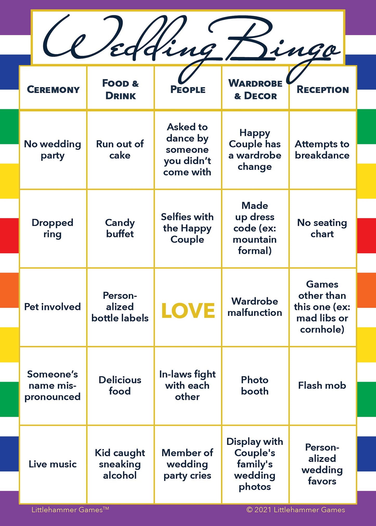 Rainbow-striped Gender Neutral Wedding Bingo printable card