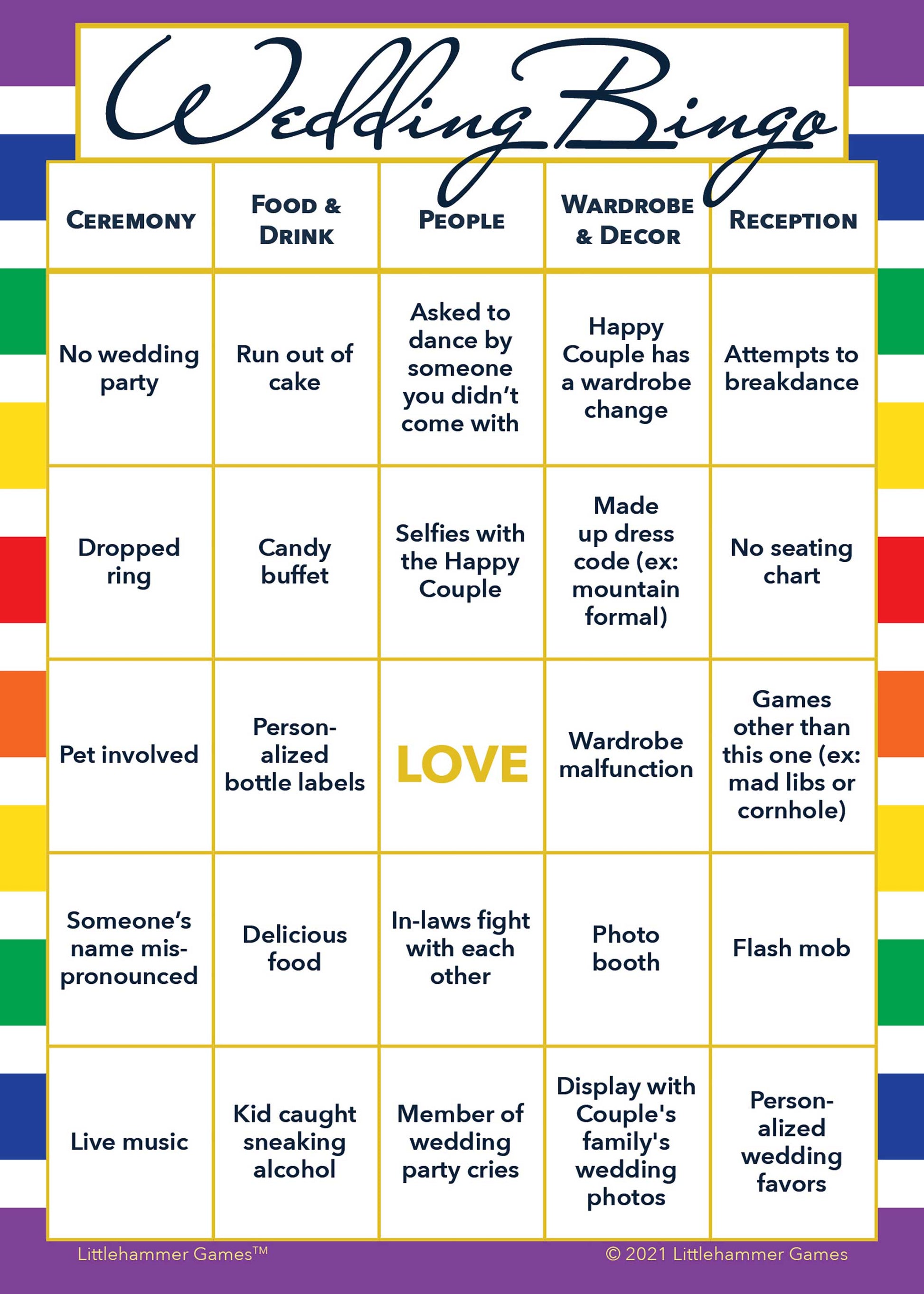 Rainbow-striped Gender Neutral Wedding Bingo printable card