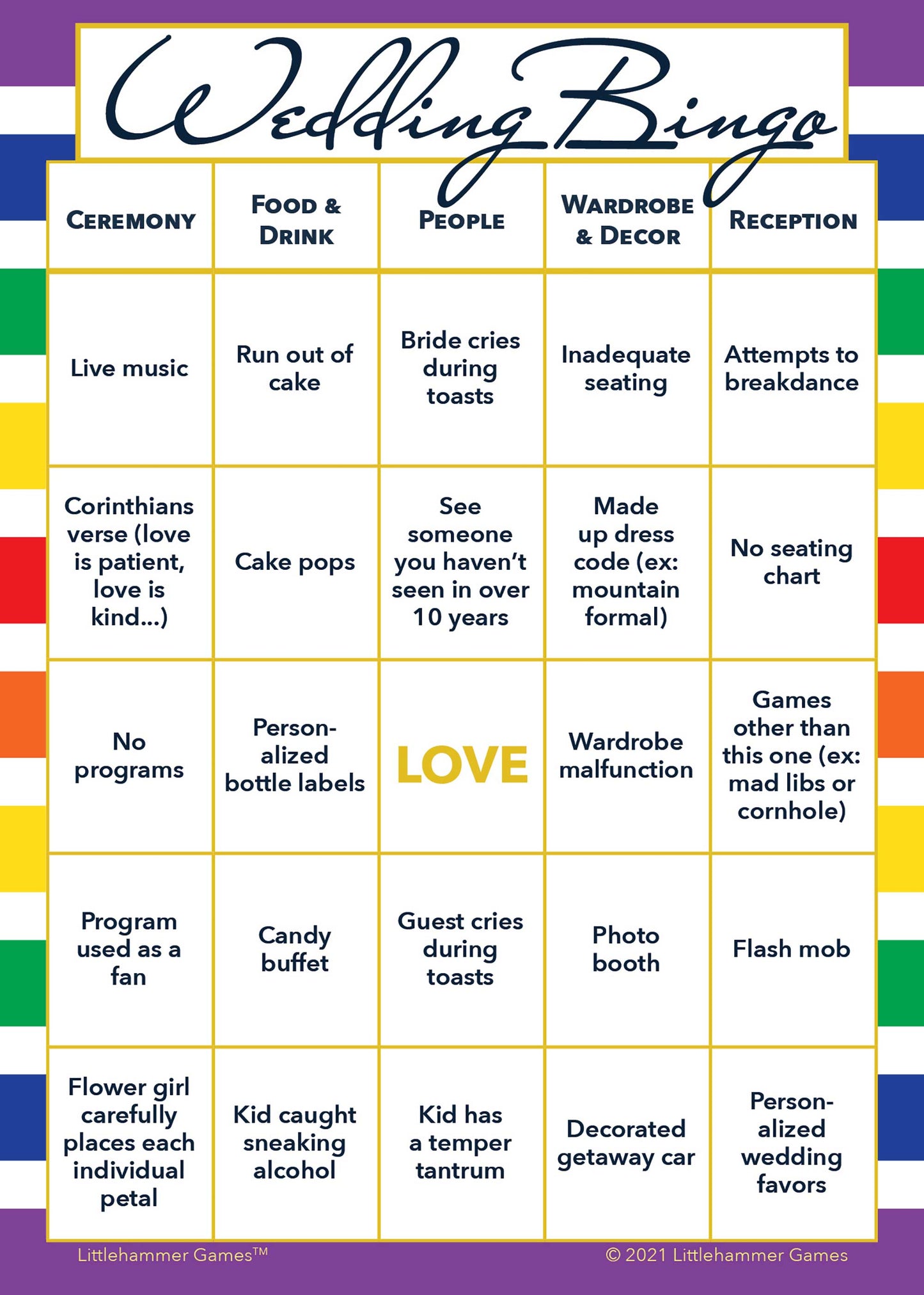 Rainbow stripe themed 2 Brides Wedding Bingo printable wedding game card