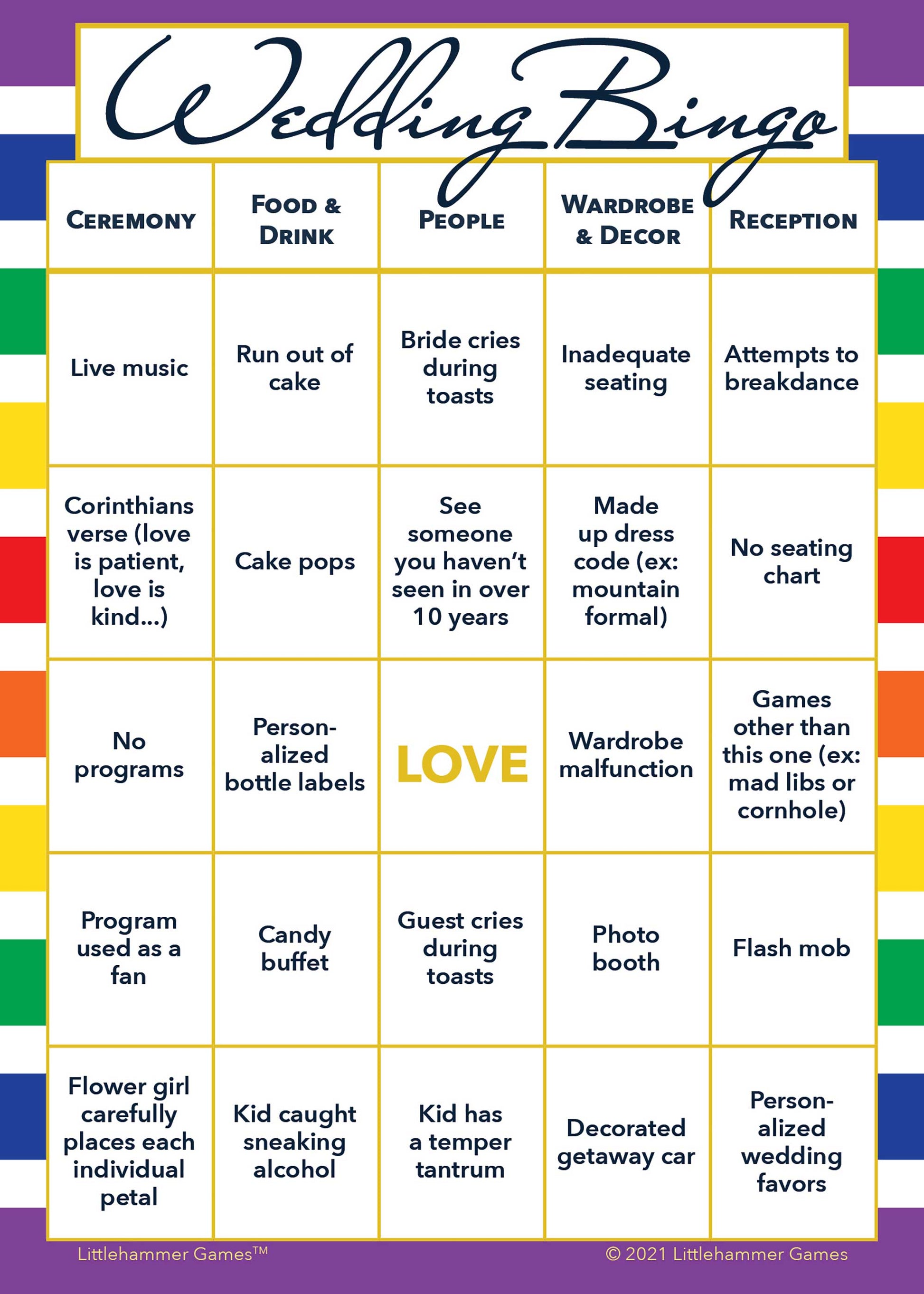 Rainbow stripe themed 2 Brides Wedding Bingo printable wedding game card