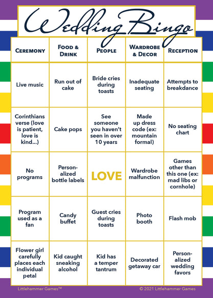 Rainbow stripe themed 2 Brides Wedding Bingo printable wedding game card