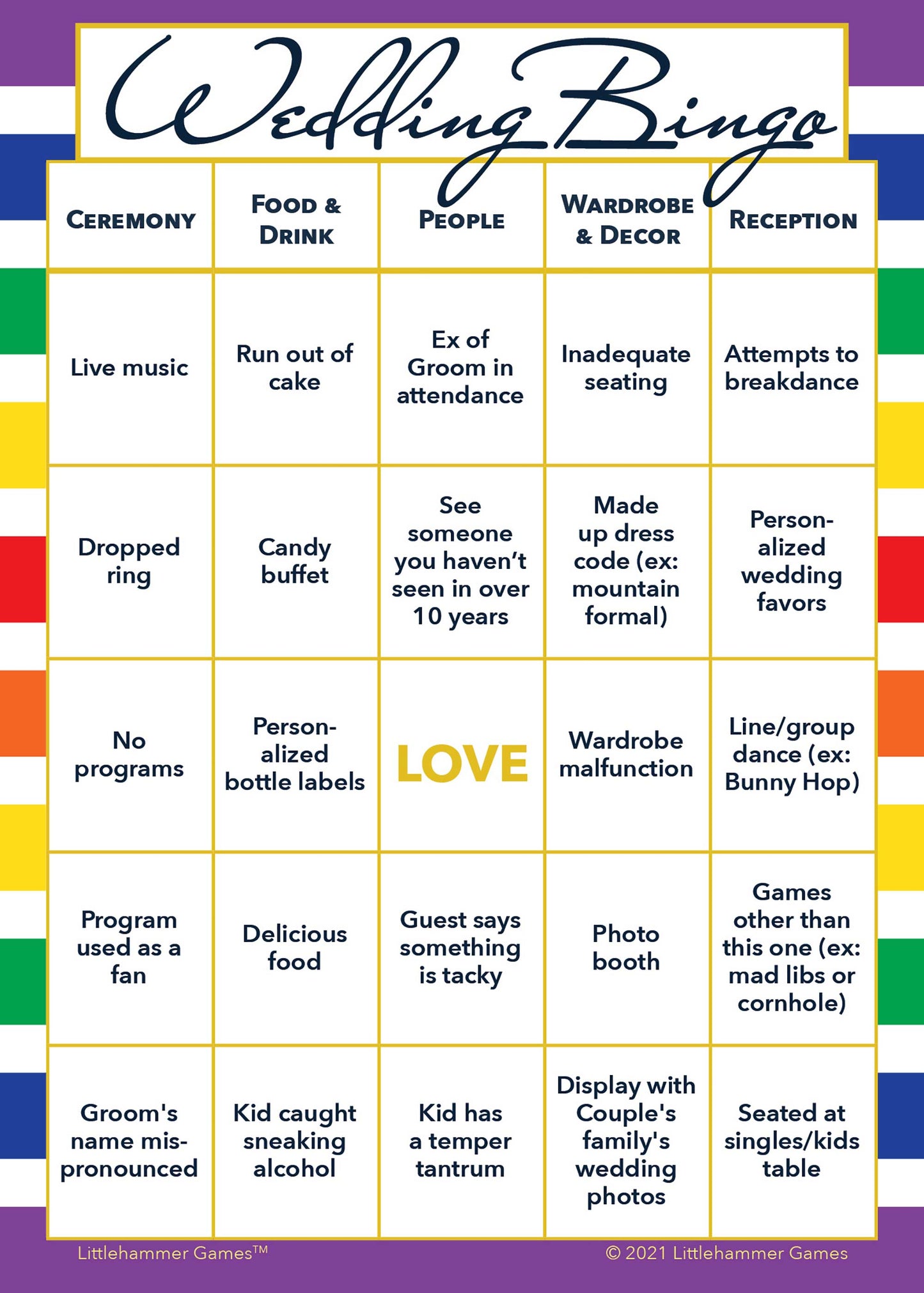 2 Grooms Wedding Bingo printable game card in rainbow stripe color scheme