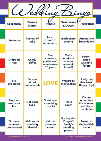2 Grooms Wedding Bingo printable game card in rainbow stripe color scheme